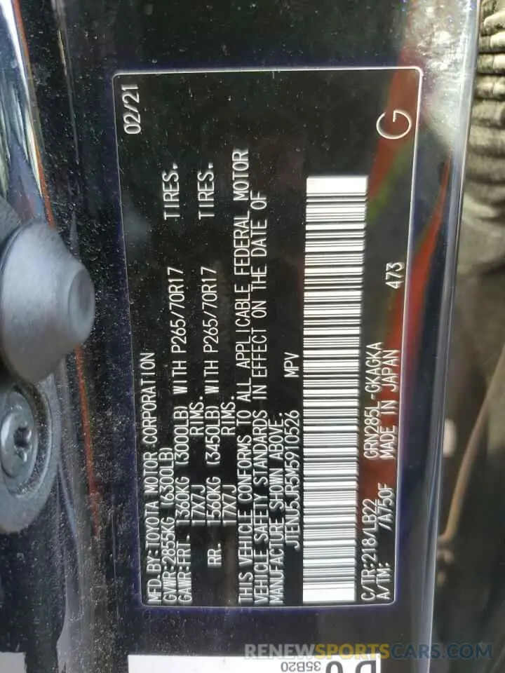 13 fotografías del automóvil dañado JTENU5JR5M5910526 TOYOTA 4RUNNER 2021