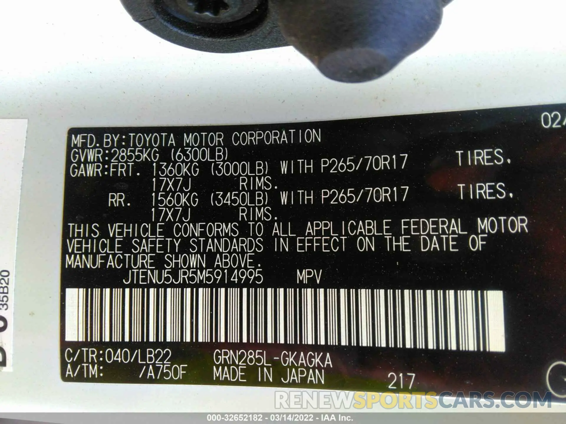 9 fotografías del automóvil dañado JTENU5JR5M5914995 TOYOTA 4RUNNER 2021