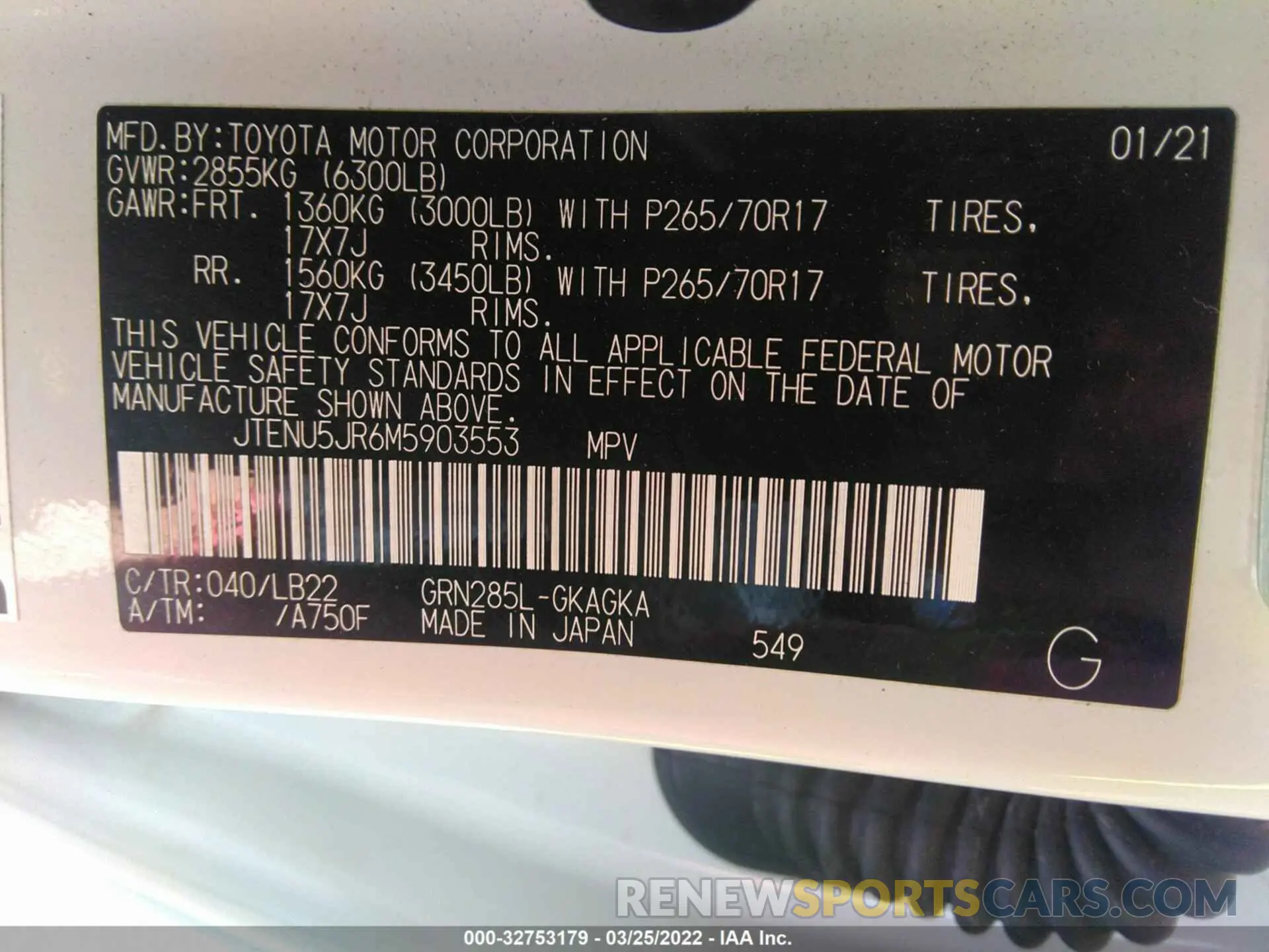 9 fotografías del automóvil dañado JTENU5JR6M5903553 TOYOTA 4RUNNER 2021