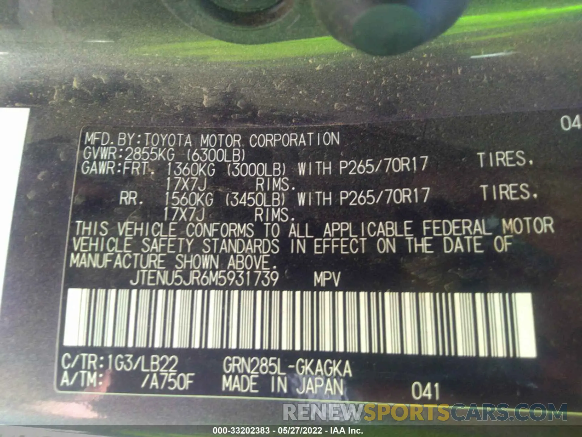 9 fotografías del automóvil dañado JTENU5JR6M5931739 TOYOTA 4RUNNER 2021