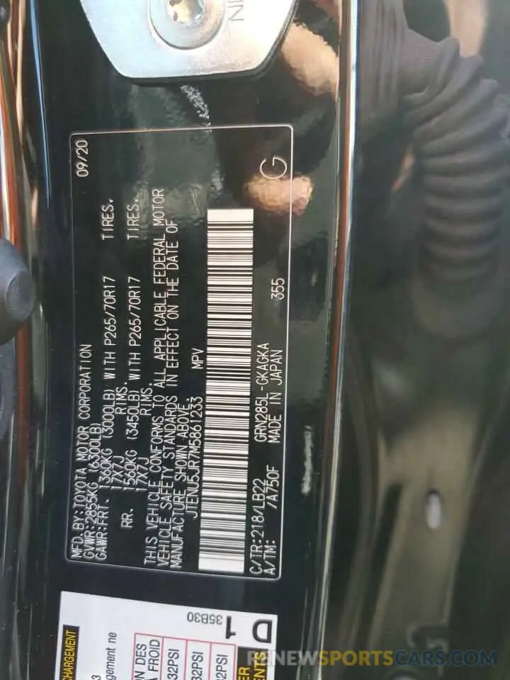 12 fotografías del automóvil dañado JTENU5JR7M5861233 TOYOTA 4RUNNER 2021
