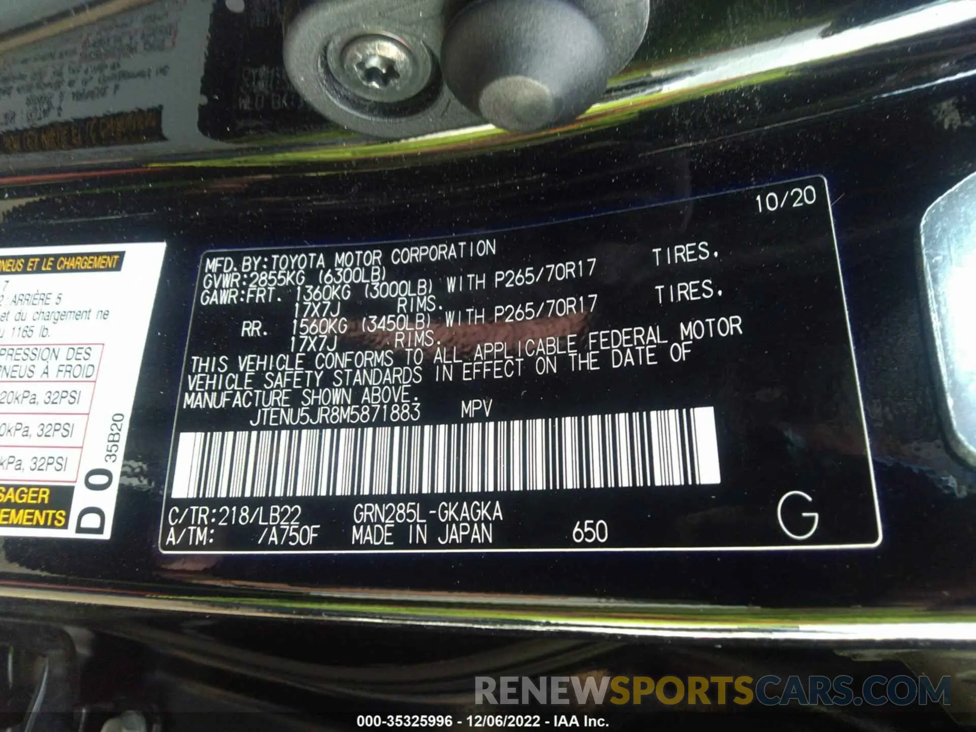 9 fotografías del automóvil dañado JTENU5JR8M5871883 TOYOTA 4RUNNER 2021
