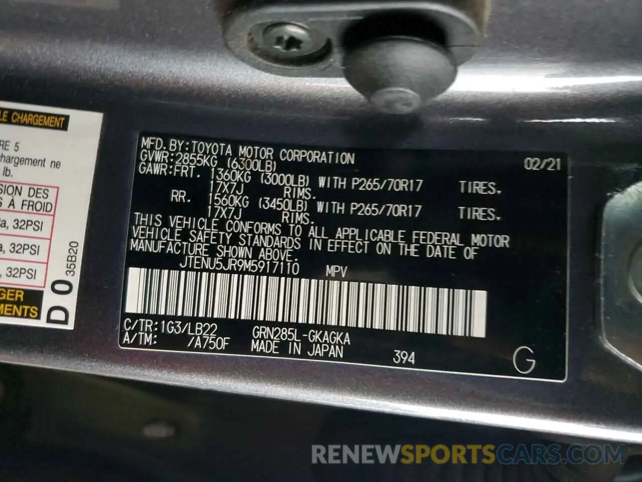 14 fotografías del automóvil dañado JTENU5JR9M5917110 TOYOTA 4RUNNER 2021