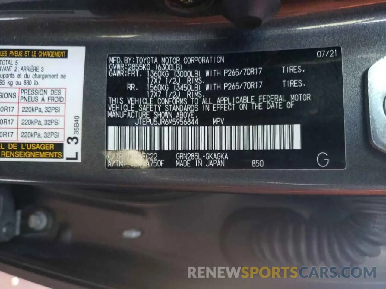 10 fotografías del automóvil dañado JTEPU5JR6M5956844 TOYOTA 4RUNNER 2021
