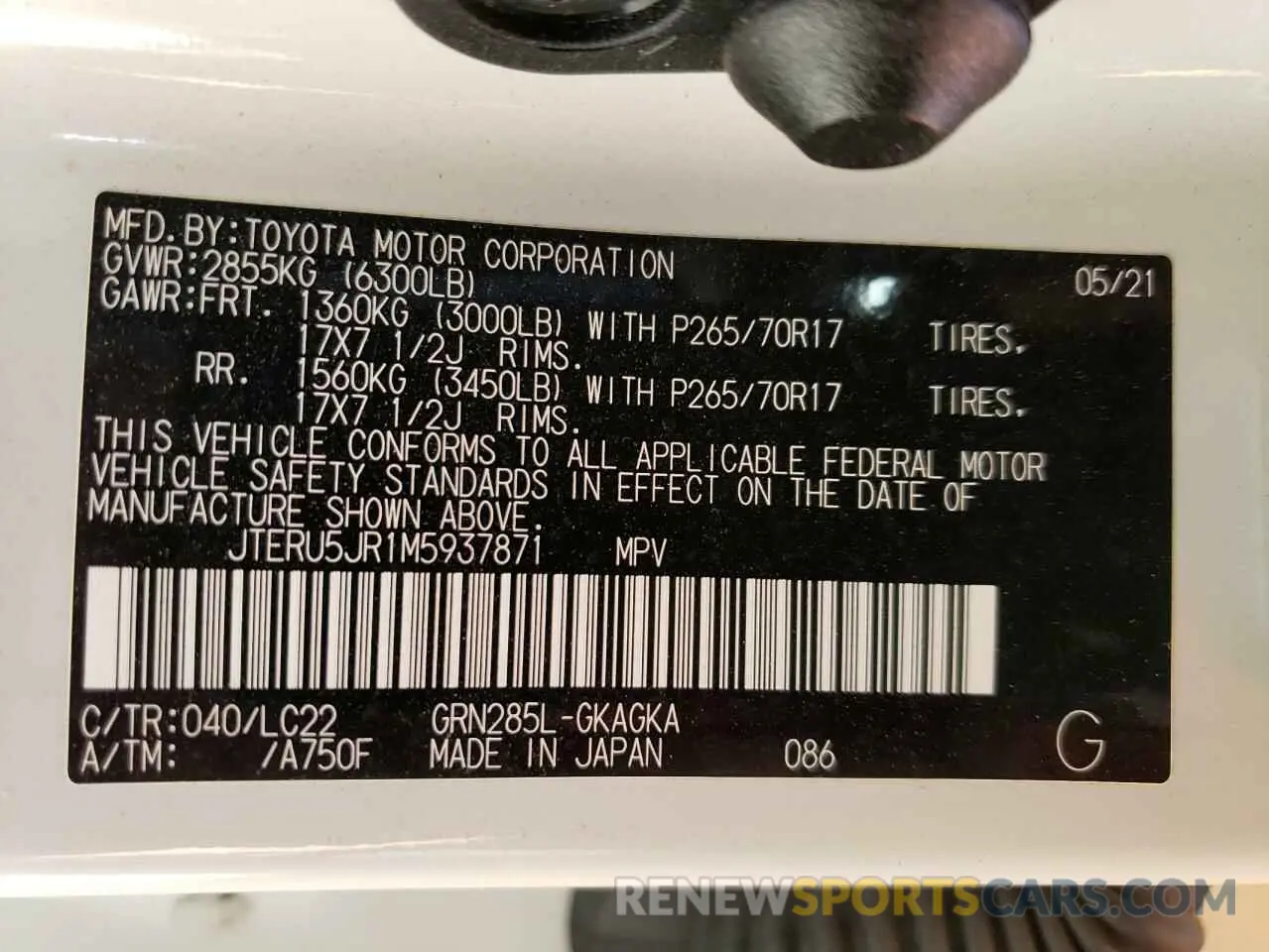 14 fotografías del automóvil dañado JTERU5JR1M5937871 TOYOTA 4RUNNER 2021