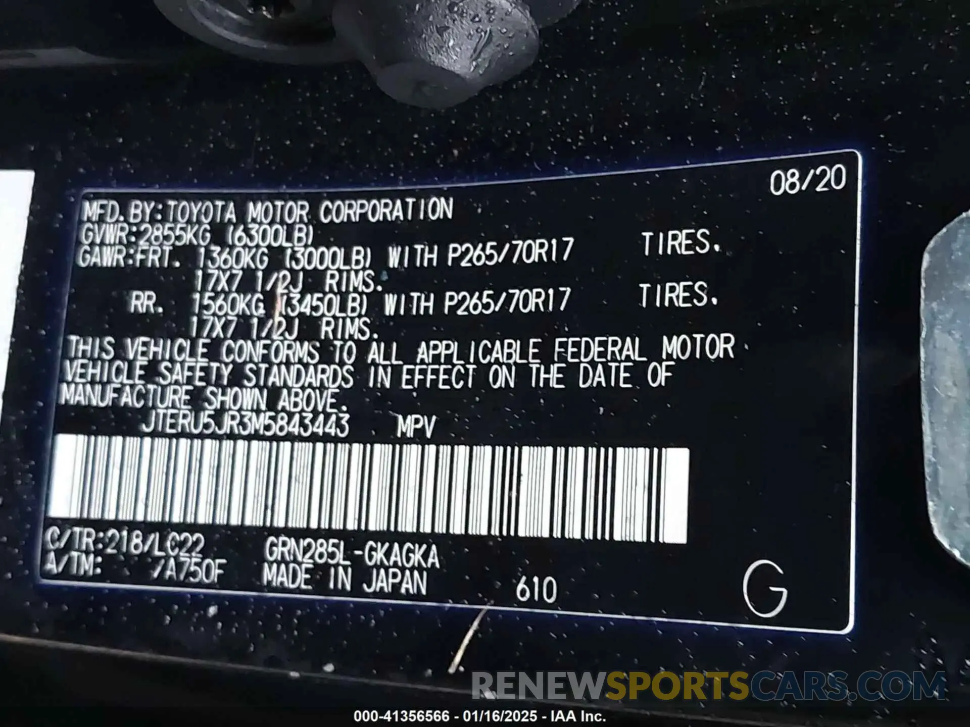 9 fotografías del automóvil dañado JTERU5JR3M5843443 TOYOTA 4RUNNER 2021