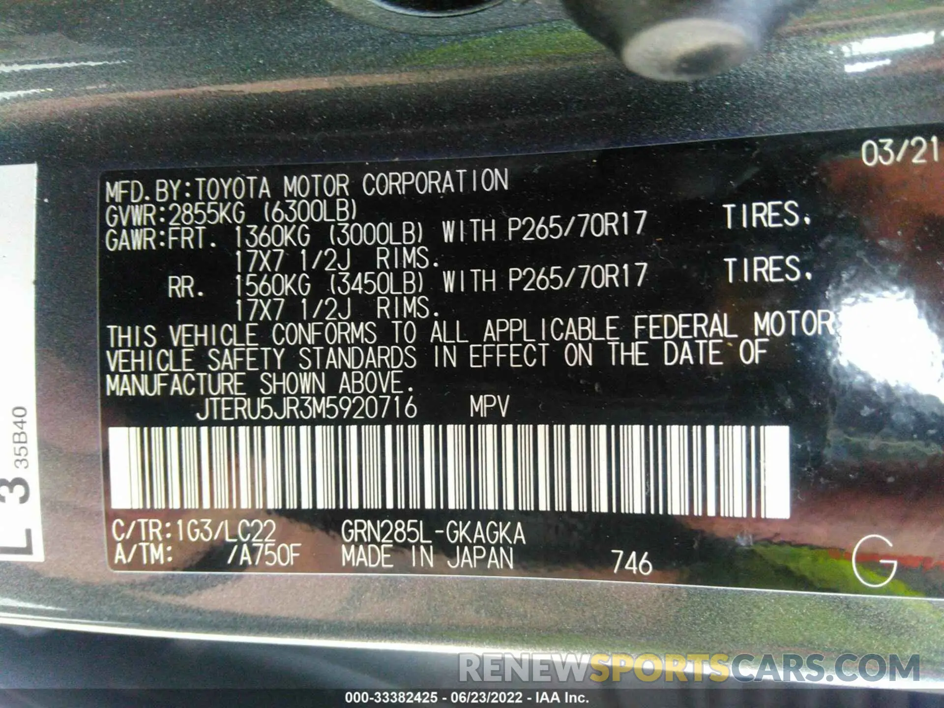 9 fotografías del automóvil dañado JTERU5JR3M5920716 TOYOTA 4RUNNER 2021