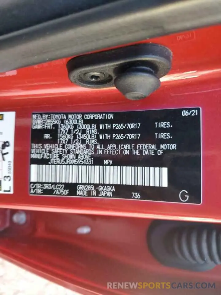 13 fotografías del automóvil dañado JTERU5JRXM5954331 TOYOTA 4RUNNER 2021