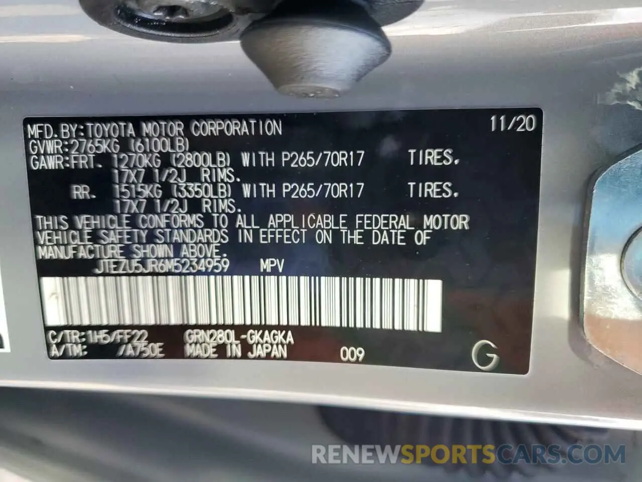 14 fotografías del automóvil dañado JTEZU5JR6M5234959 TOYOTA 4RUNNER 2021