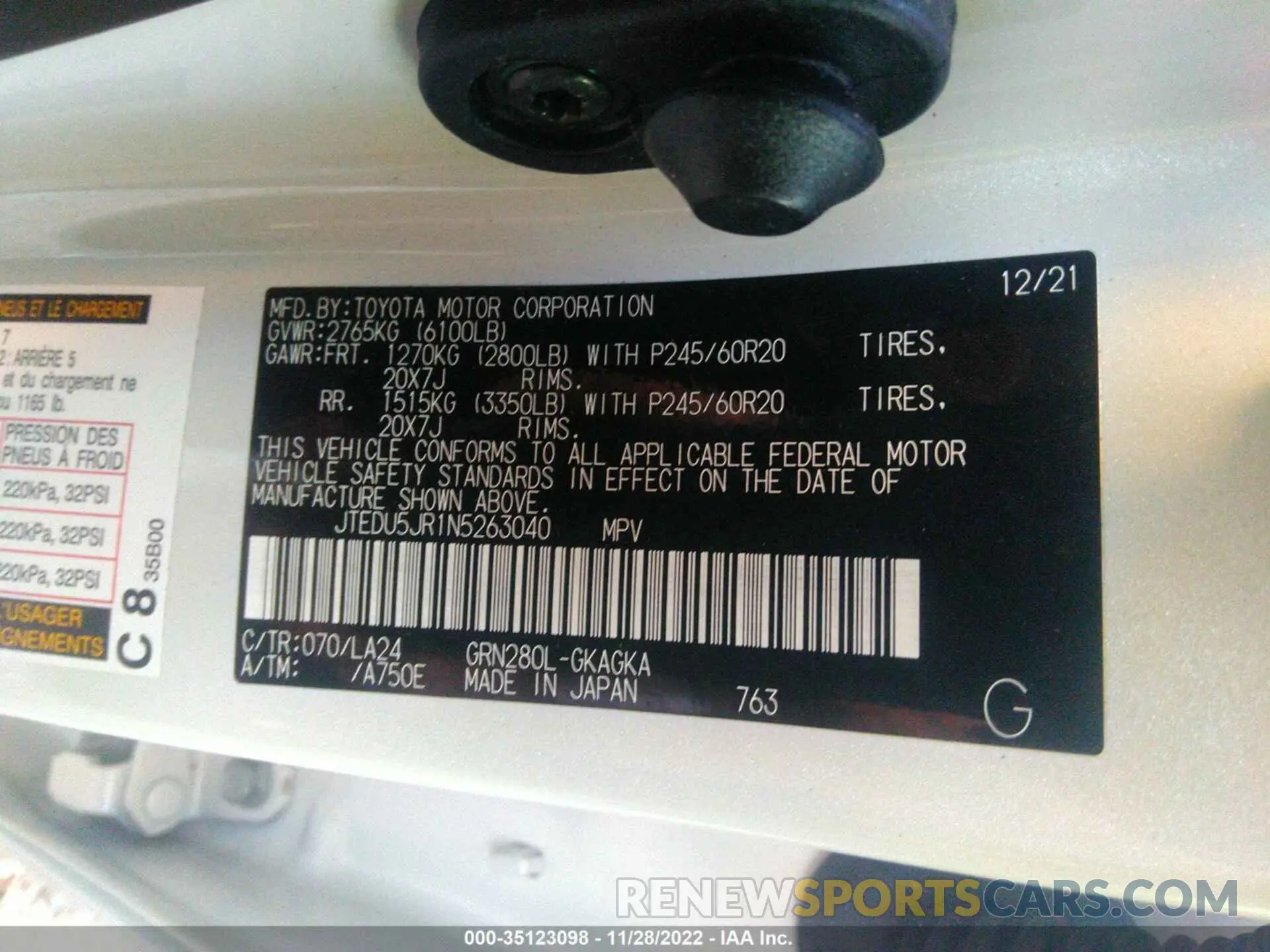 9 fotografías del automóvil dañado JTEDU5JR1N5263040 TOYOTA 4RUNNER 2022