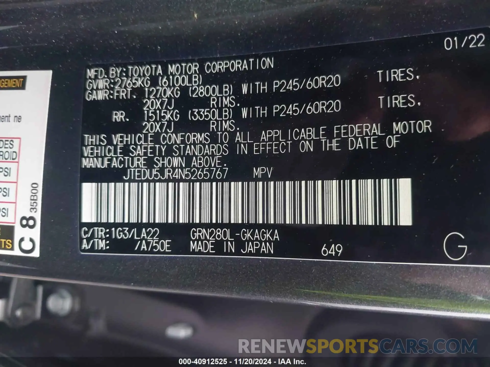 9 fotografías del automóvil dañado JTEDU5JR4N5265767 TOYOTA 4RUNNER 2022