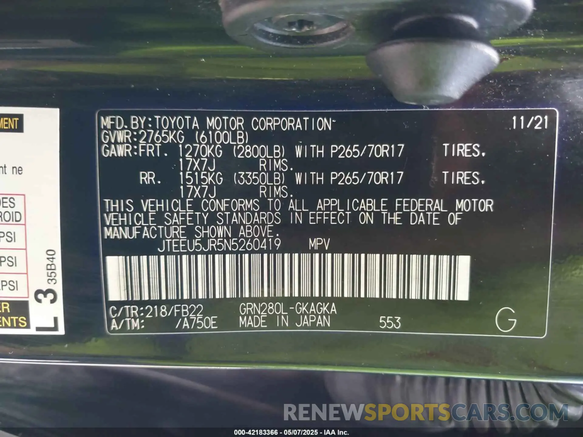 9 fotografías del automóvil dañado JTEEU5JR5N5260419 TOYOTA 4RUNNER 2022