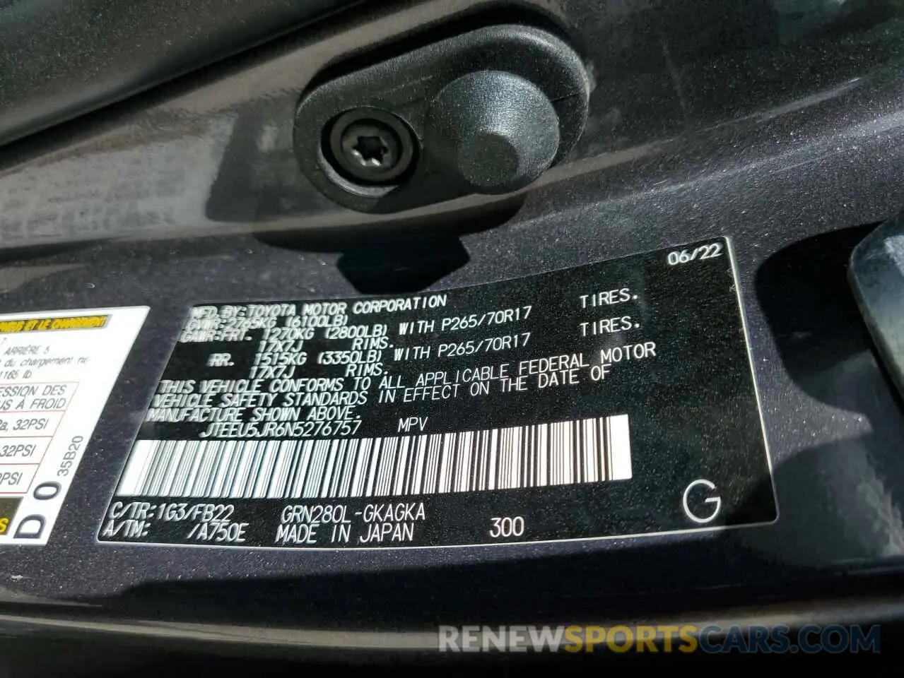 13 fotografías del automóvil dañado JTEEU5JR6N5276757 TOYOTA 4RUNNER 2022