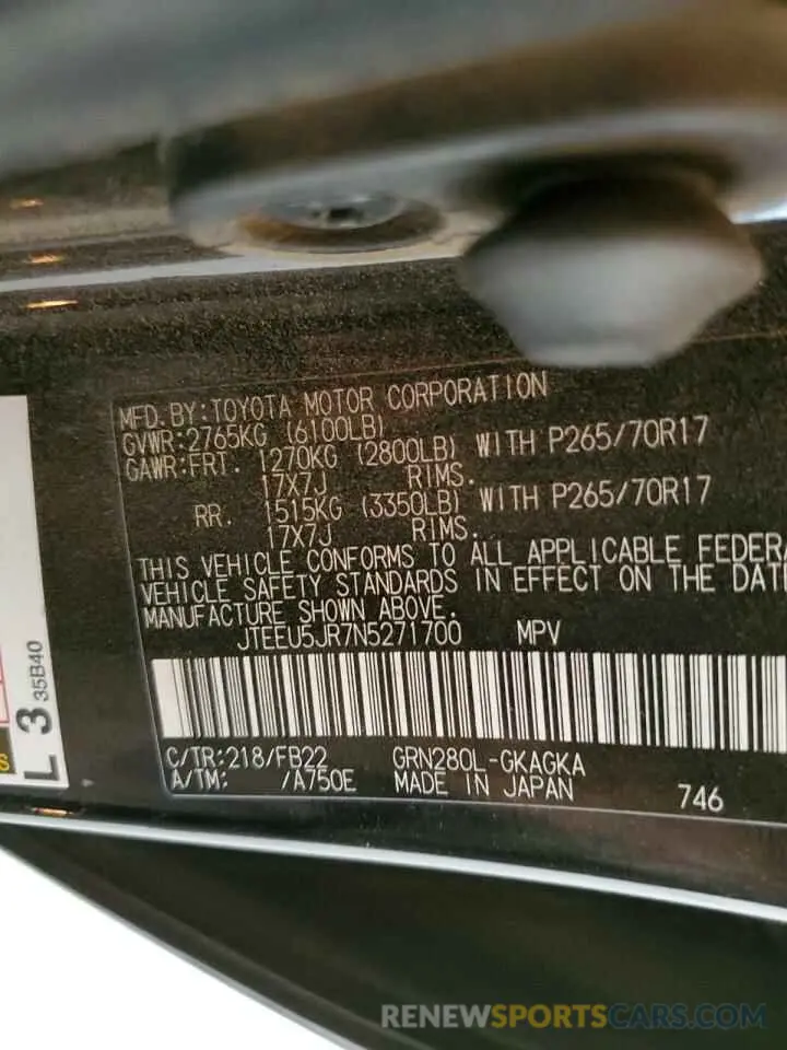 14 fotografías del automóvil dañado JTEEU5JR7N5271700 TOYOTA 4RUNNER 2022