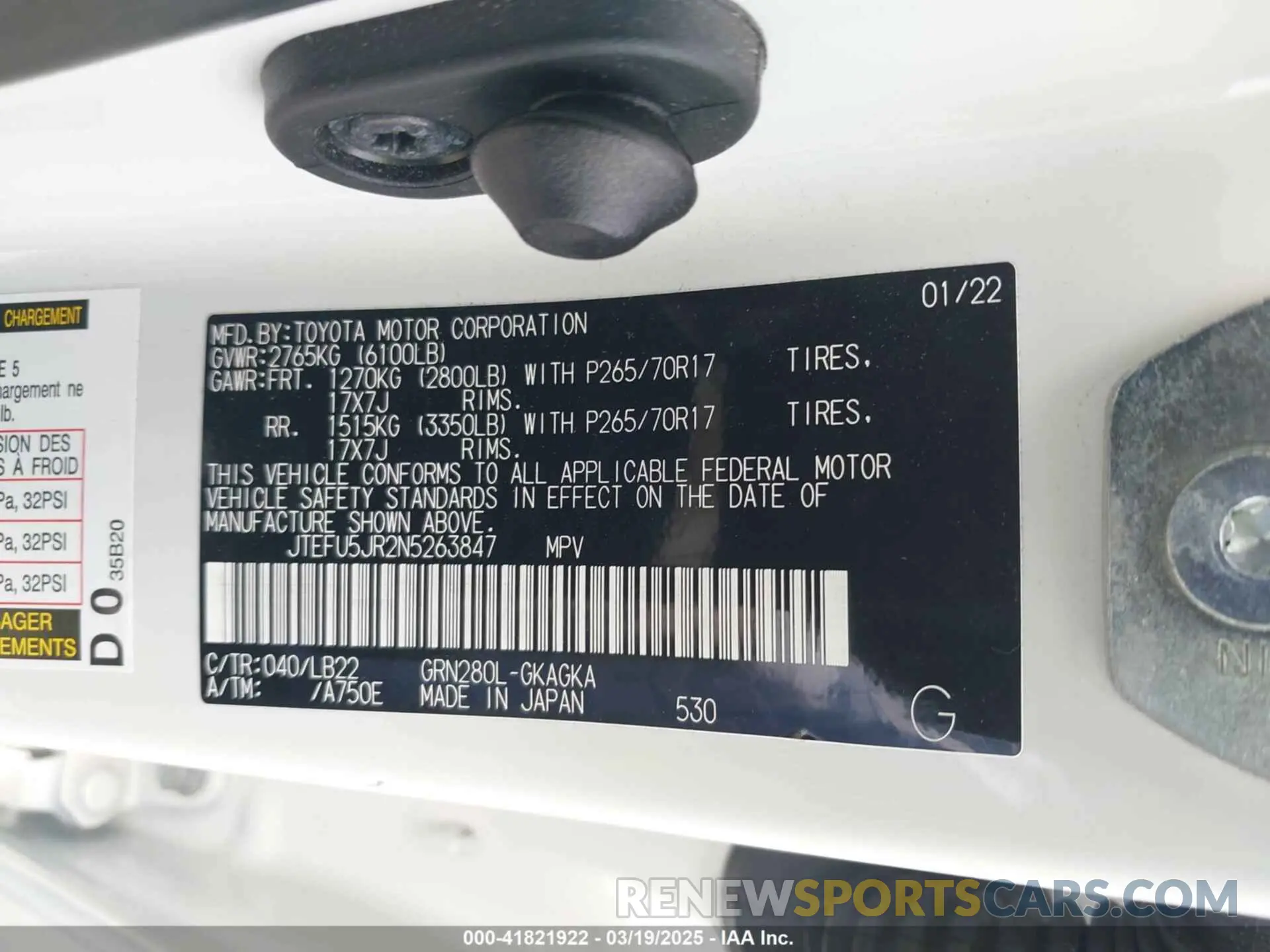 9 fotografías del automóvil dañado JTEFU5JR2N5263847 TOYOTA 4RUNNER 2022