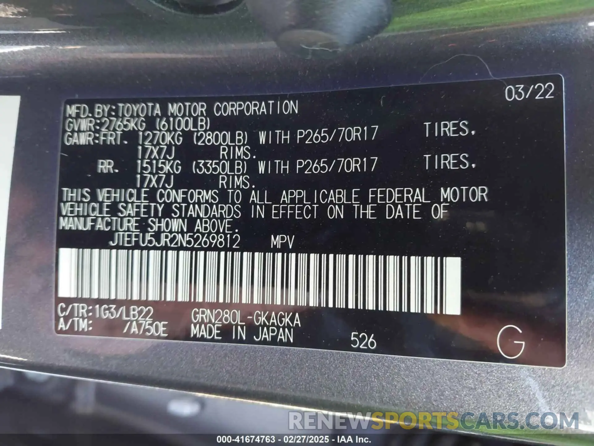 9 fotografías del automóvil dañado JTEFU5JR2N5269812 TOYOTA 4RUNNER 2022
