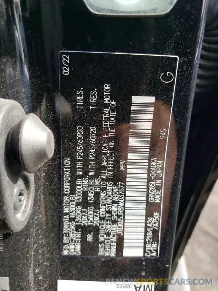 10 fotografías del automóvil dañado JTEKU5JR8N6037577 TOYOTA 4RUNNER 2022