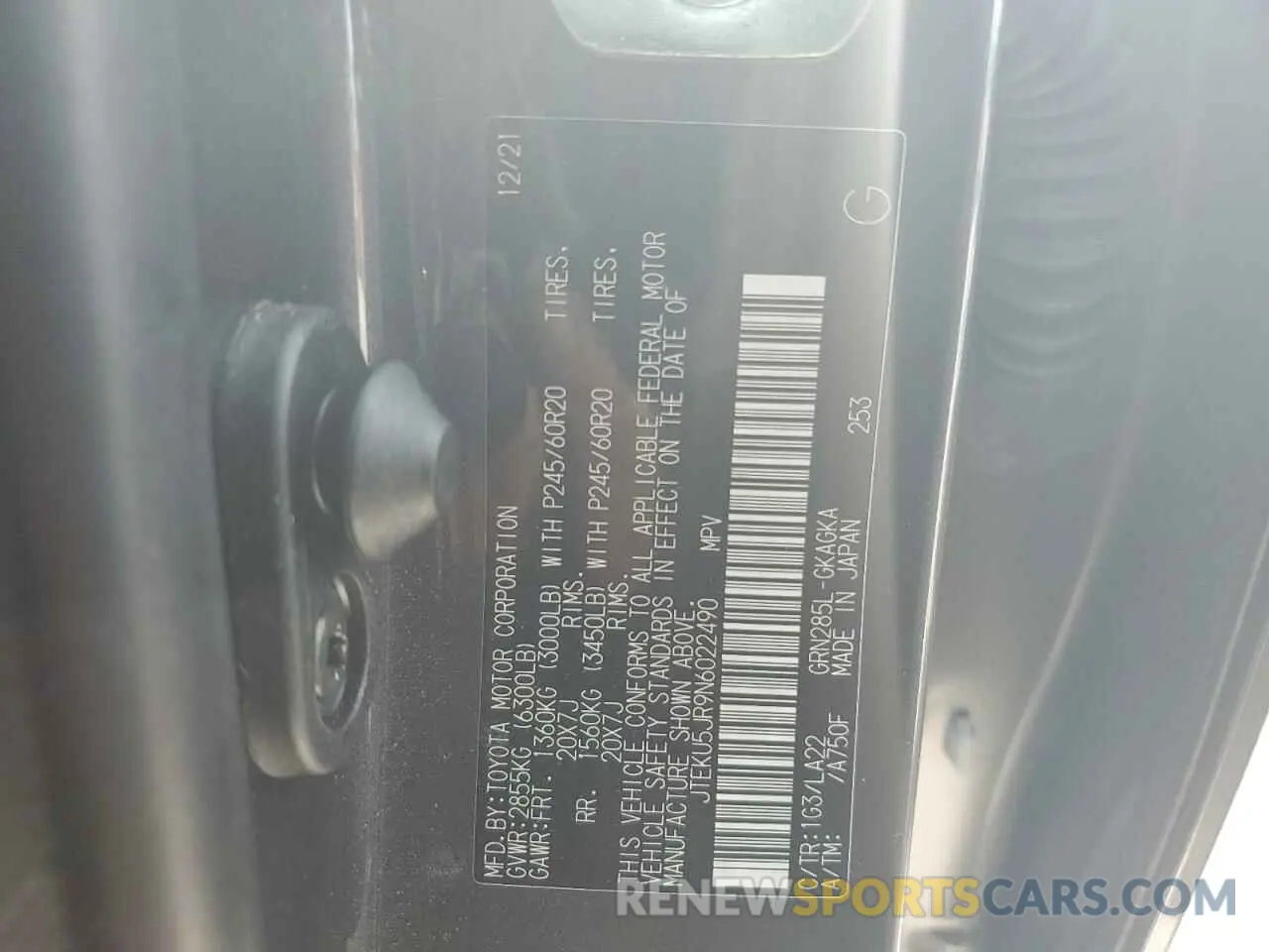 10 fotografías del automóvil dañado JTEKU5JR9N6022490 TOYOTA 4RUNNER 2022