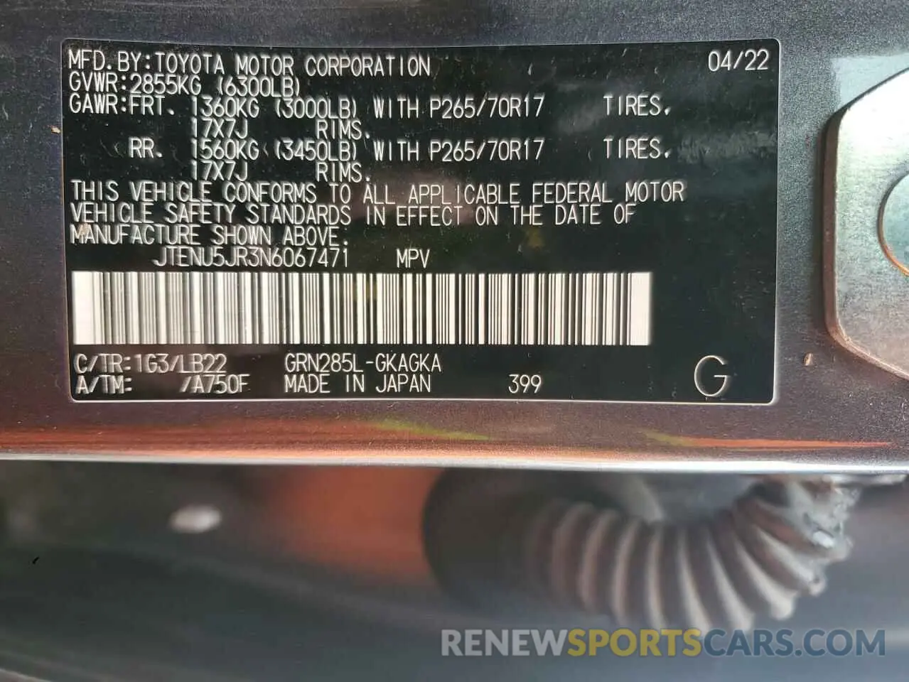 13 fotografías del automóvil dañado JTENU5JR3N6067471 TOYOTA 4RUNNER 2022