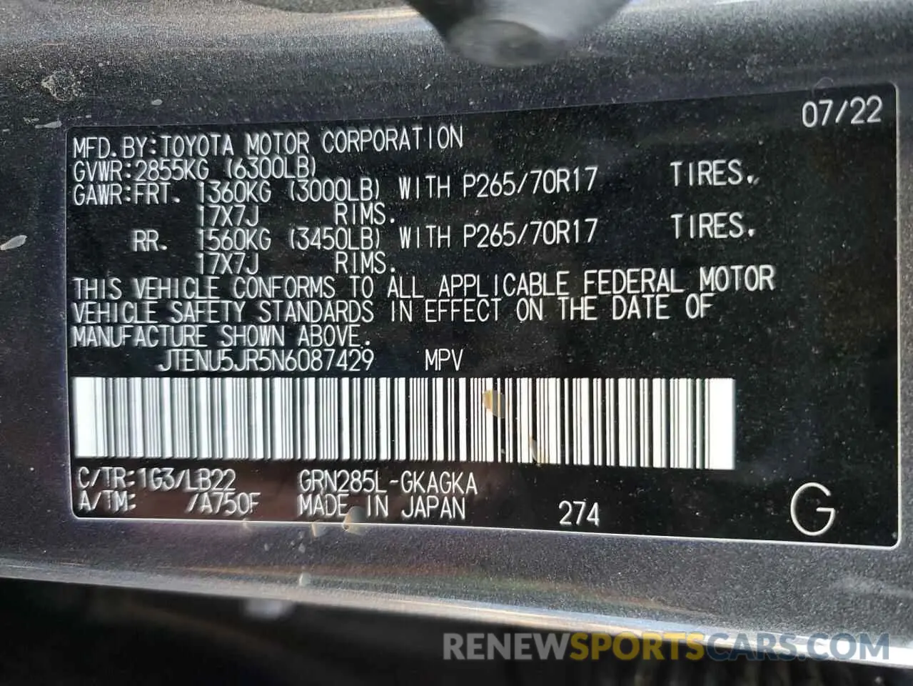 13 fotografías del automóvil dañado JTENU5JR5N6087429 TOYOTA 4RUNNER 2022
