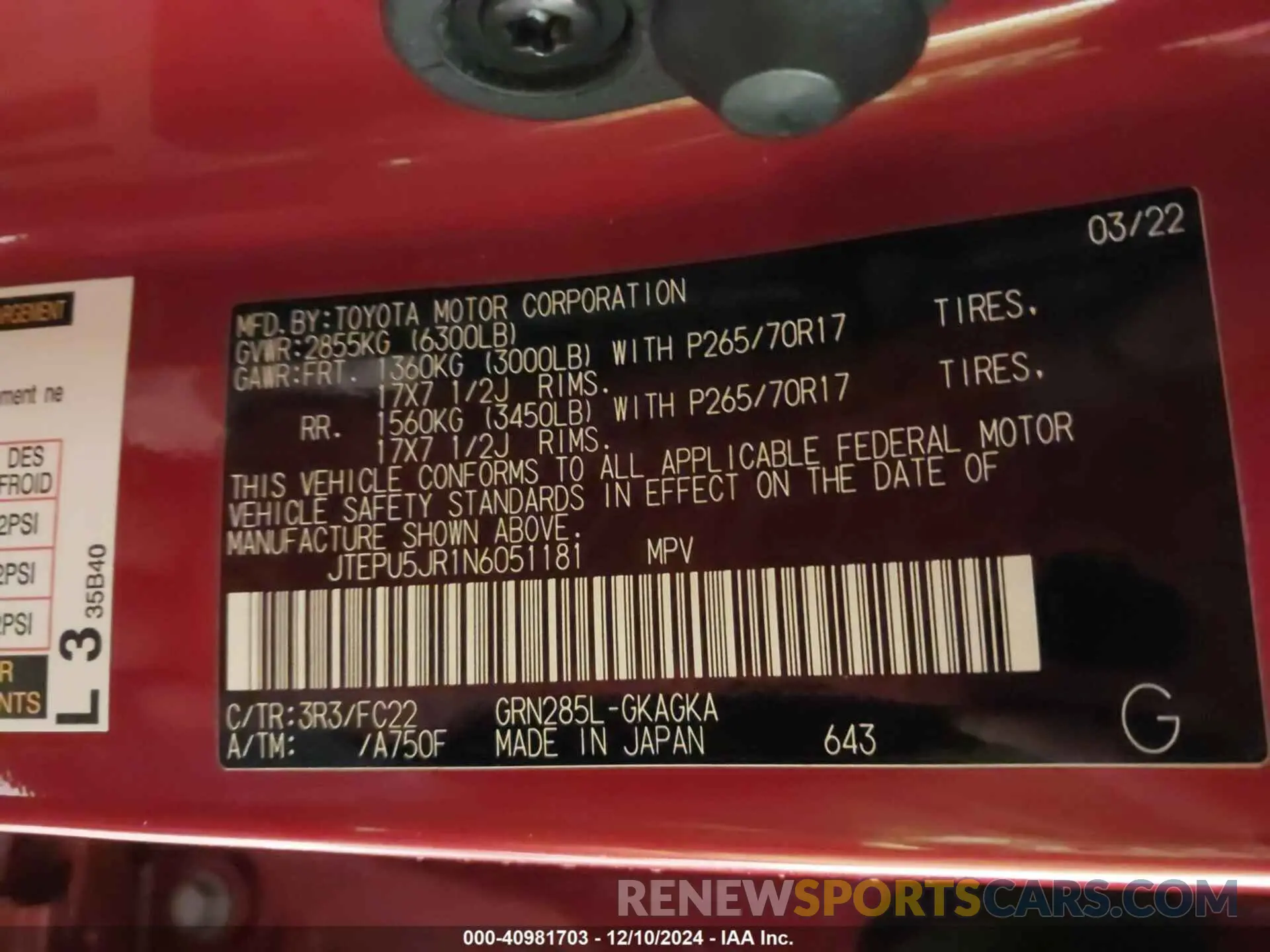 9 fotografías del automóvil dañado JTEPU5JR1N6051181 TOYOTA 4RUNNER 2022