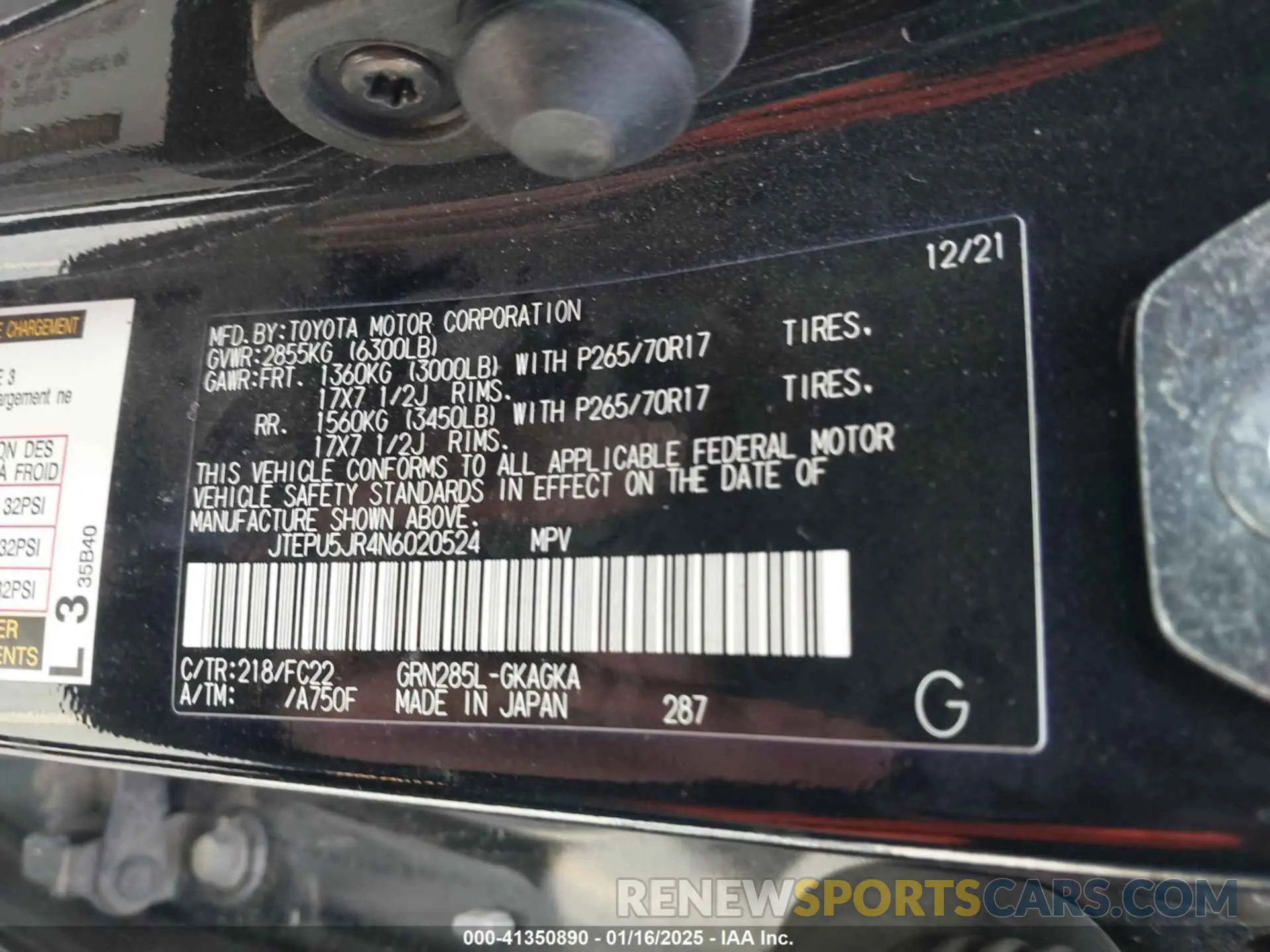 9 fotografías del automóvil dañado JTEPU5JR4N6020524 TOYOTA 4RUNNER 2022
