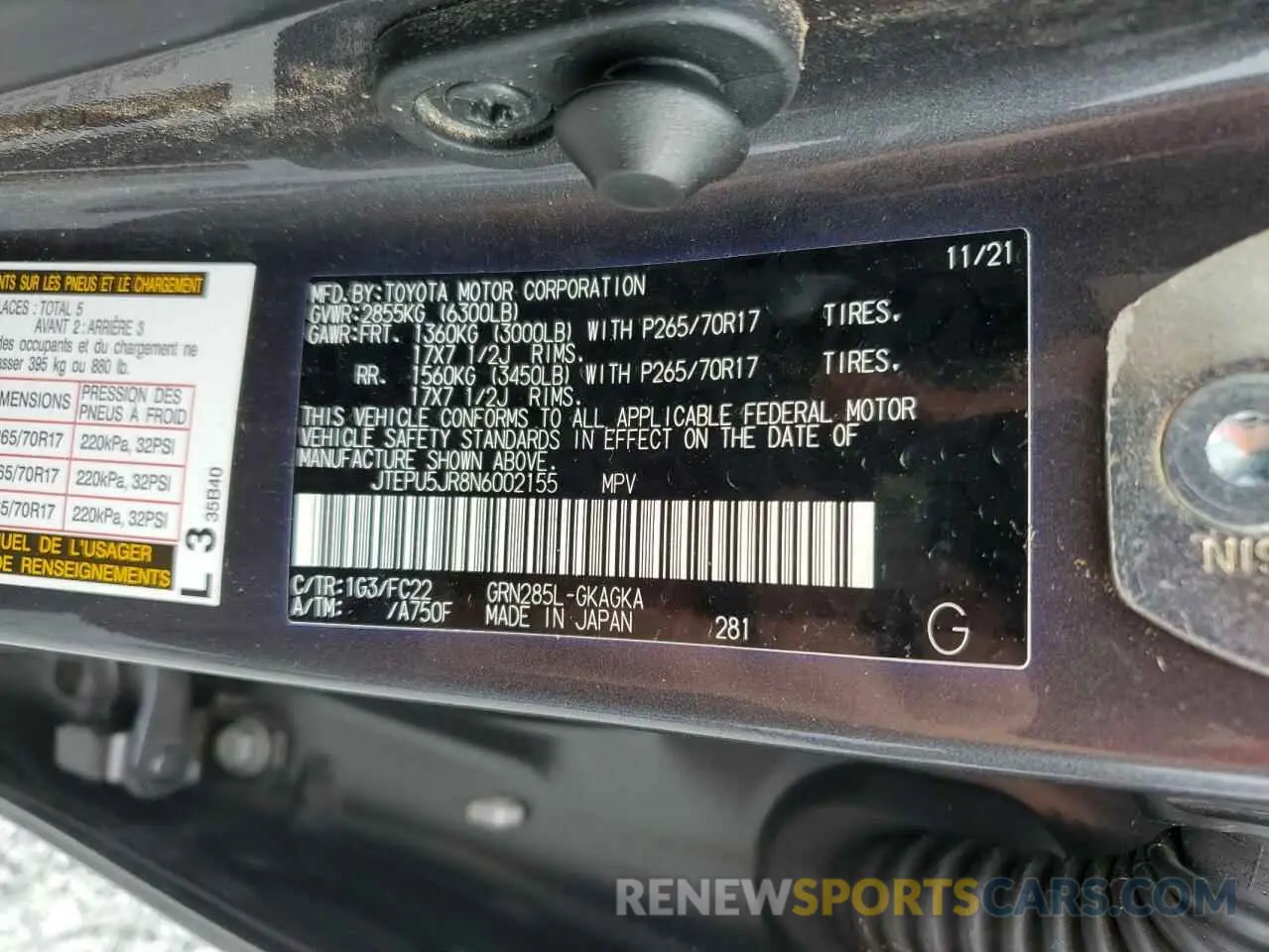 13 fotografías del automóvil dañado JTEPU5JR8N6002155 TOYOTA 4RUNNER 2022