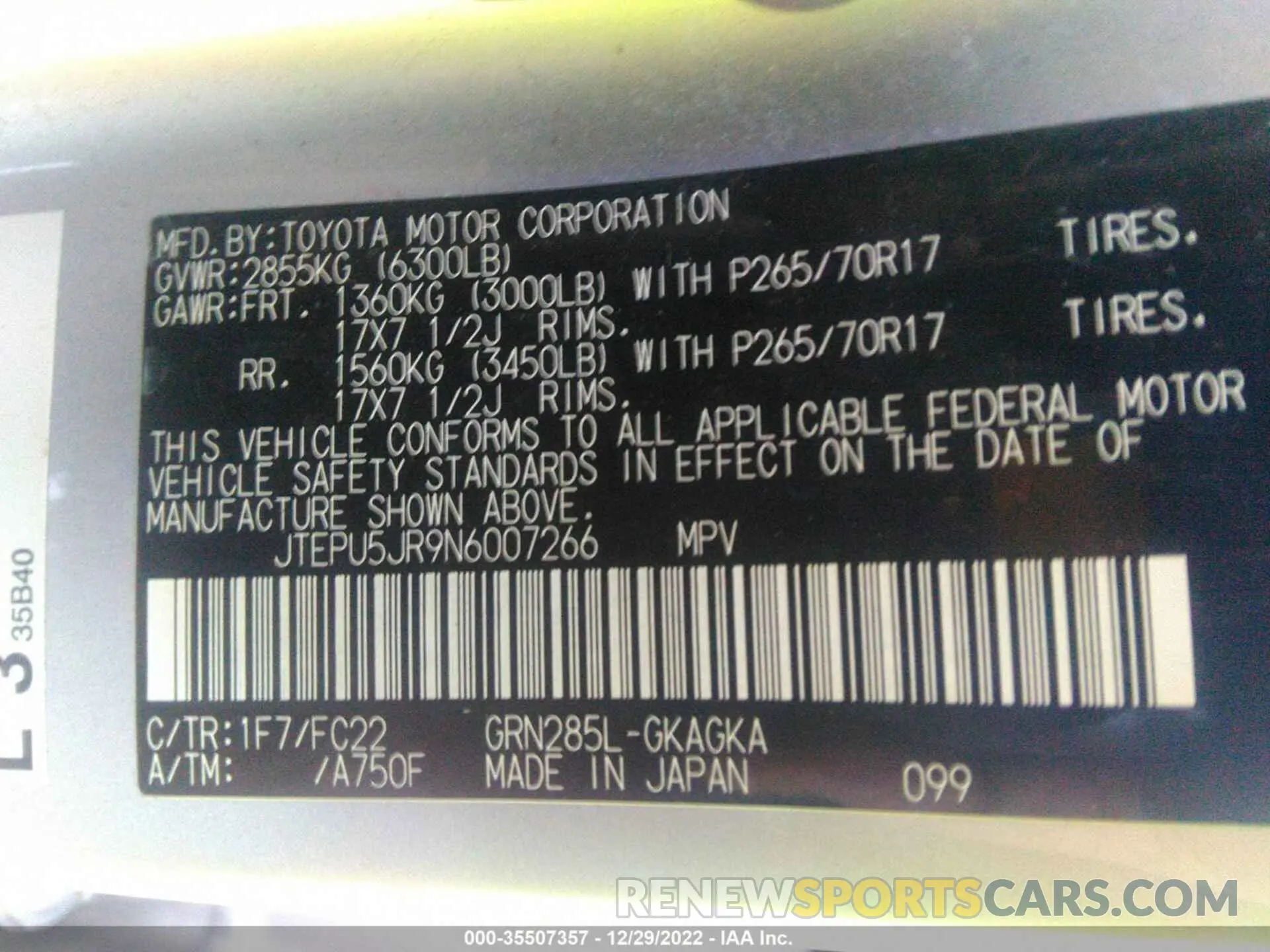 9 fotografías del automóvil dañado JTEPU5JR9N6007266 TOYOTA 4RUNNER 2022
