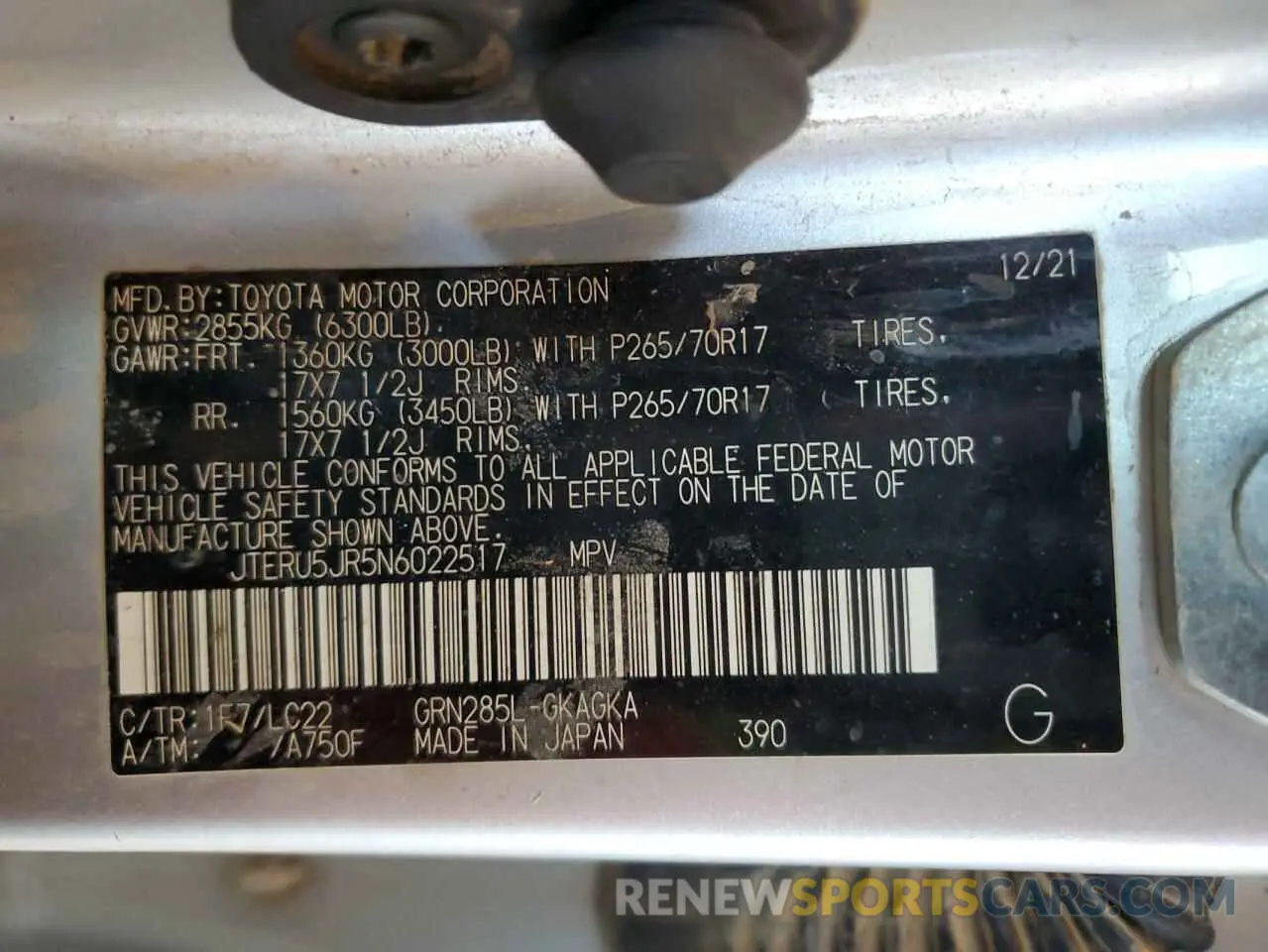 12 fotografías del automóvil dañado JTERU5JR5N6022517 TOYOTA 4RUNNER 2022