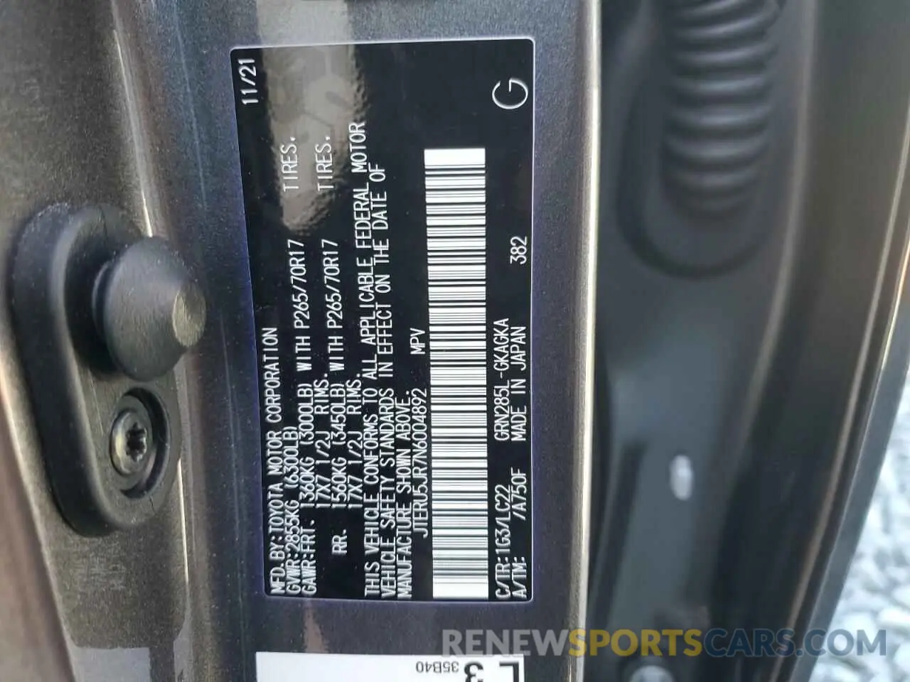 10 fotografías del automóvil dañado JTERU5JR7N6004892 TOYOTA 4RUNNER 2022