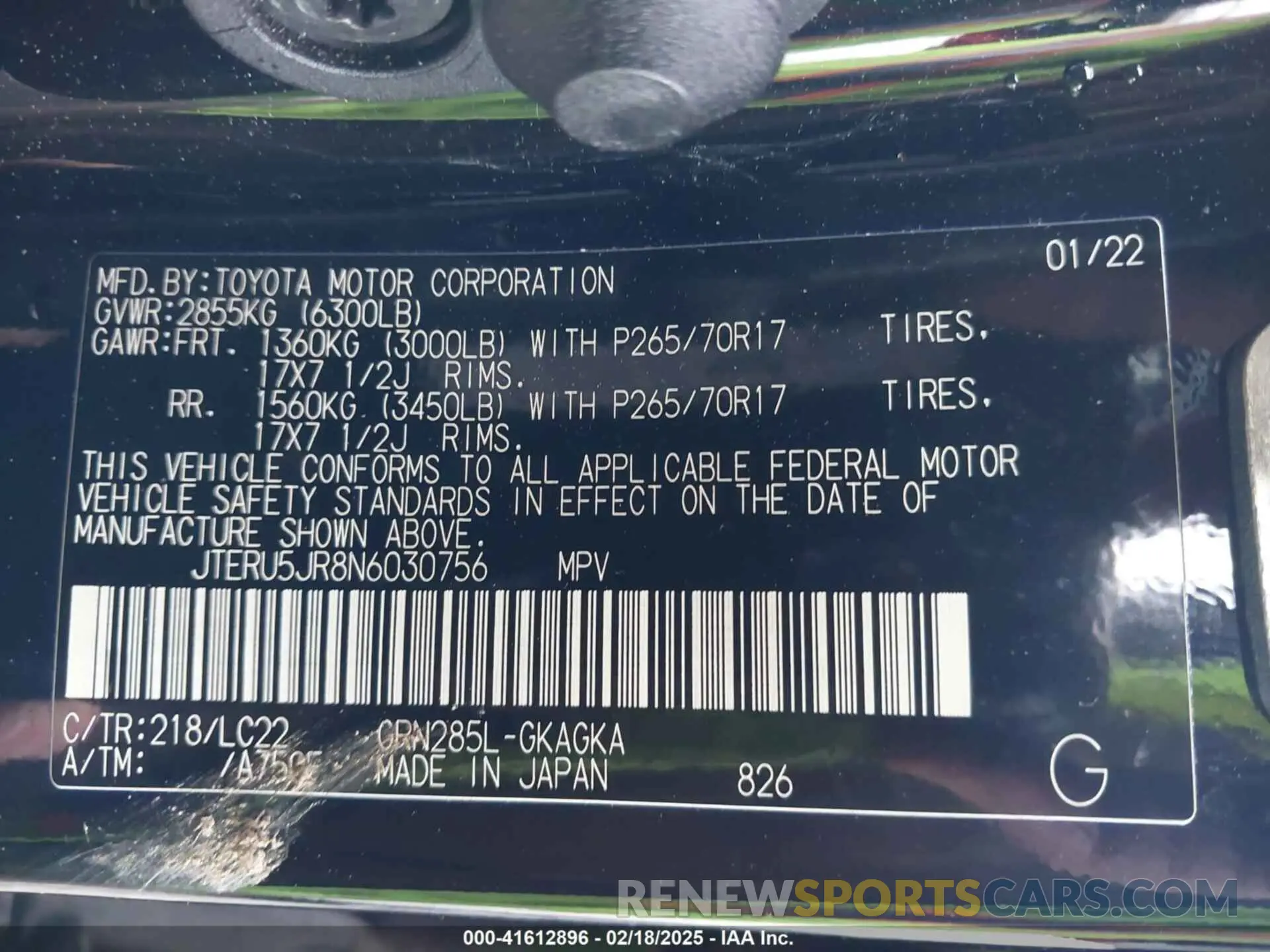 9 fotografías del automóvil dañado JTERU5JR8N6030756 TOYOTA 4RUNNER 2022