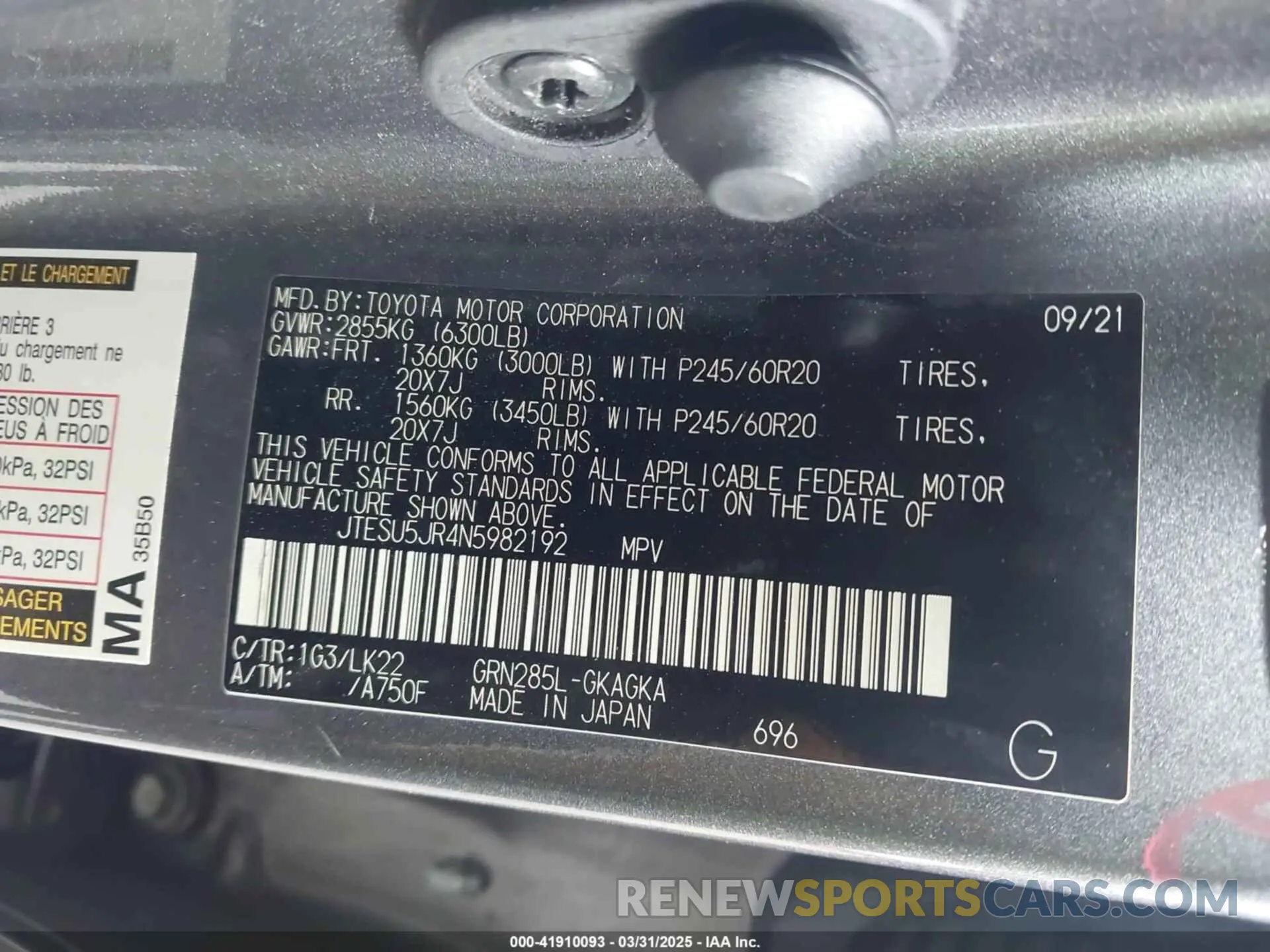 9 fotografías del automóvil dañado JTESU5JR4N5982192 TOYOTA 4RUNNER 2022