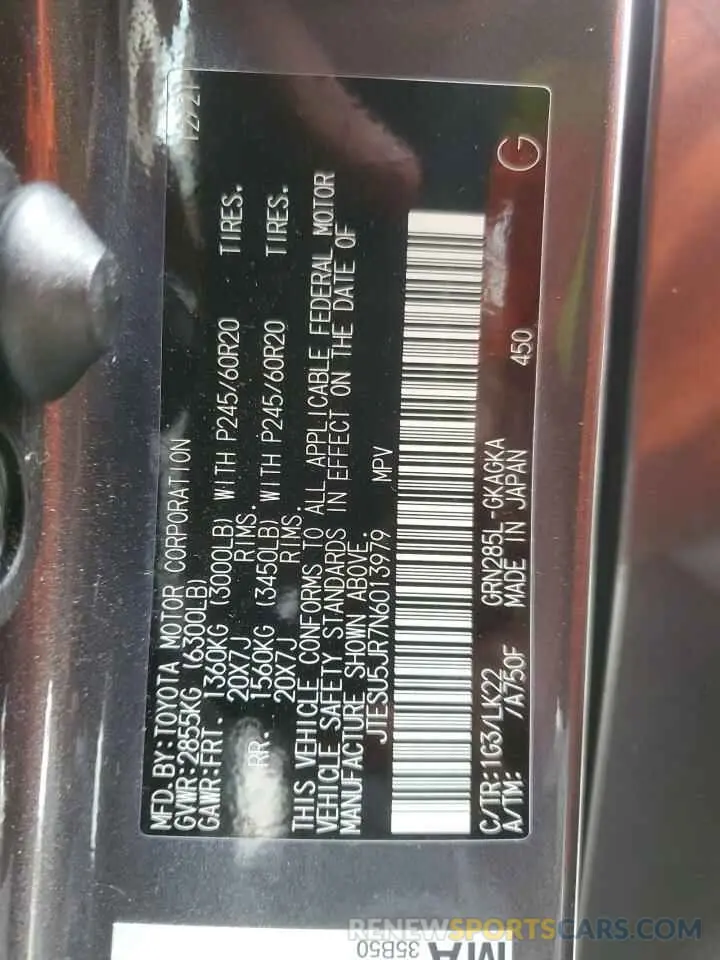 14 fotografías del automóvil dañado JTESU5JR7N6013979 TOYOTA 4RUNNER 2022