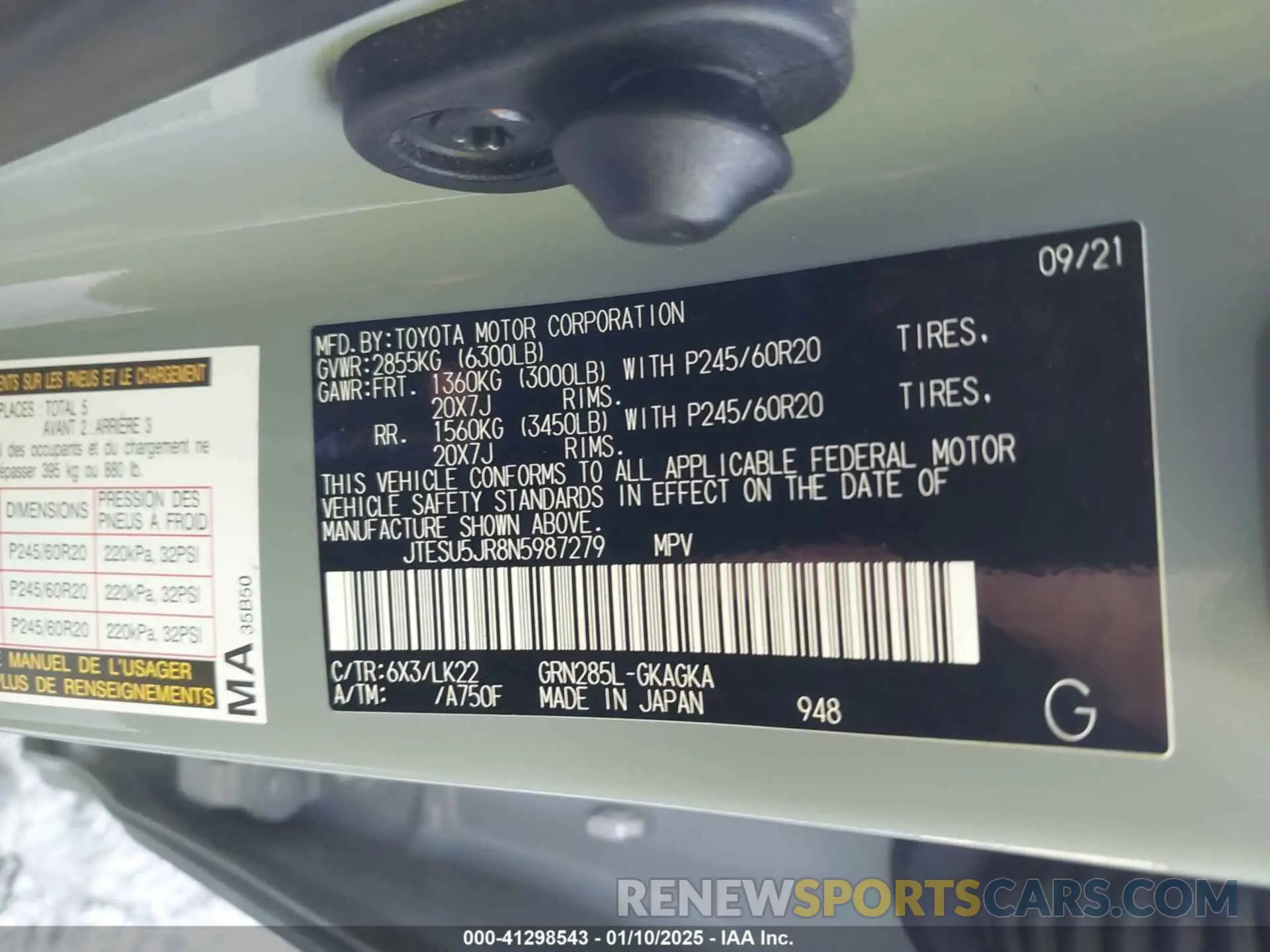 9 fotografías del automóvil dañado JTESU5JR8N5987279 TOYOTA 4RUNNER 2022