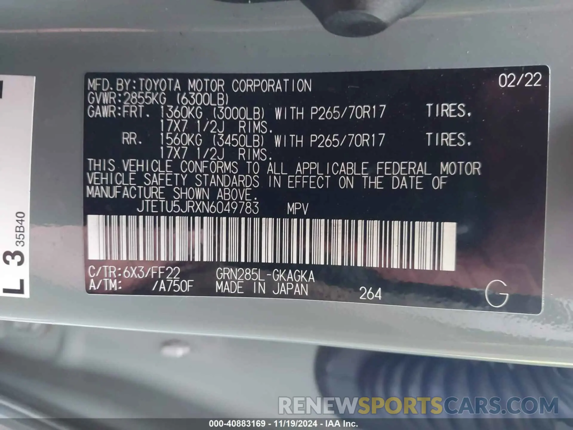 9 fotografías del automóvil dañado JTETU5JRXN6049783 TOYOTA 4RUNNER 2022
