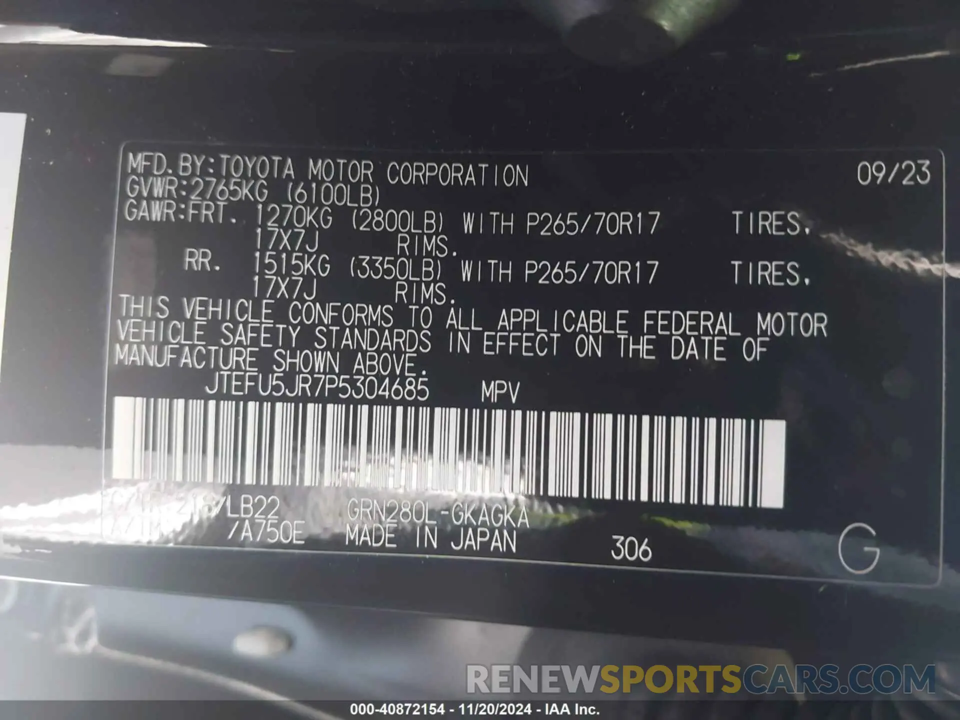 9 fotografías del automóvil dañado JTEFU5JR7P5304685 TOYOTA 4RUNNER 2023