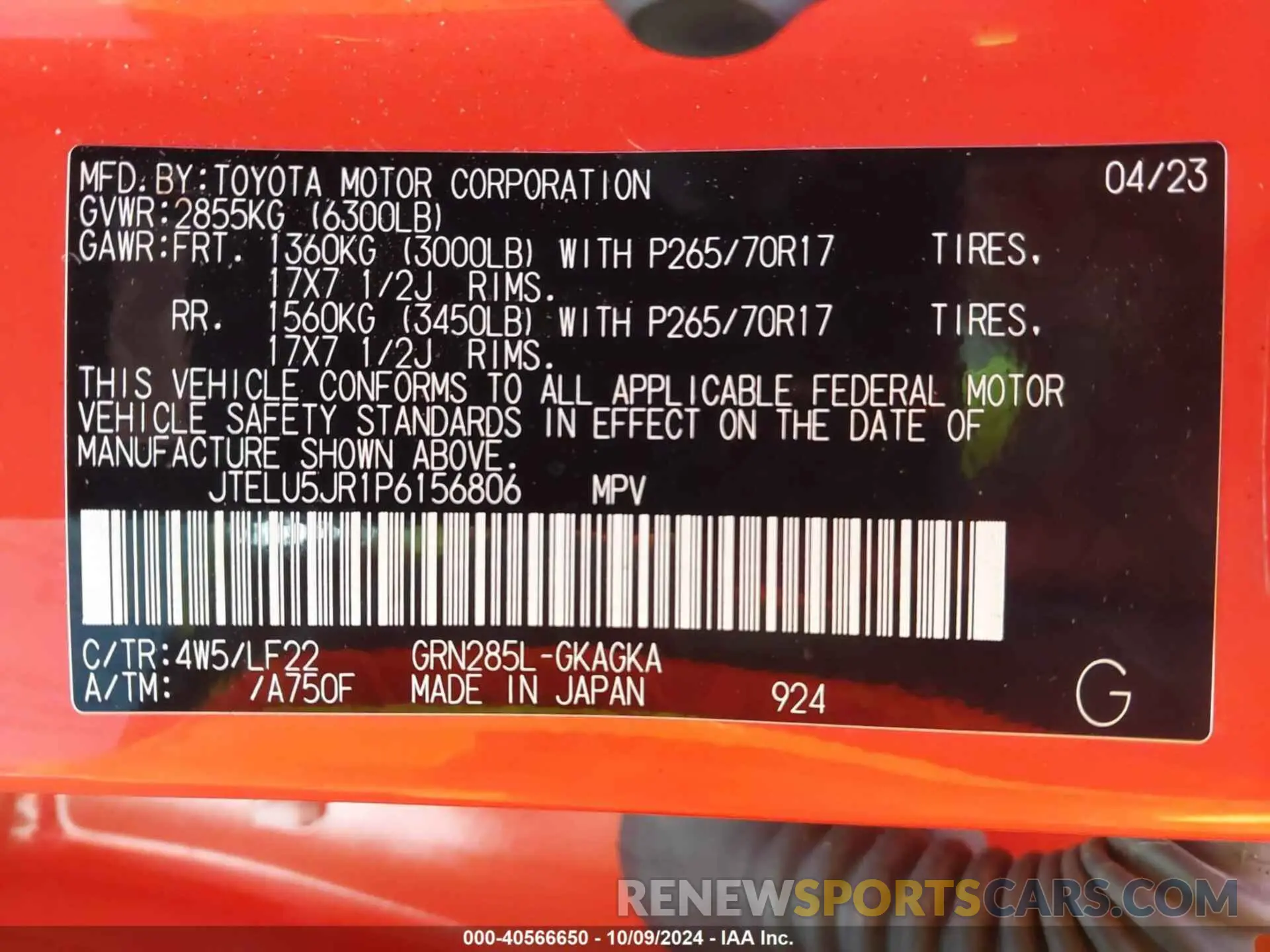 9 fotografías del automóvil dañado JTELU5JR1P6156806 TOYOTA 4RUNNER 2023