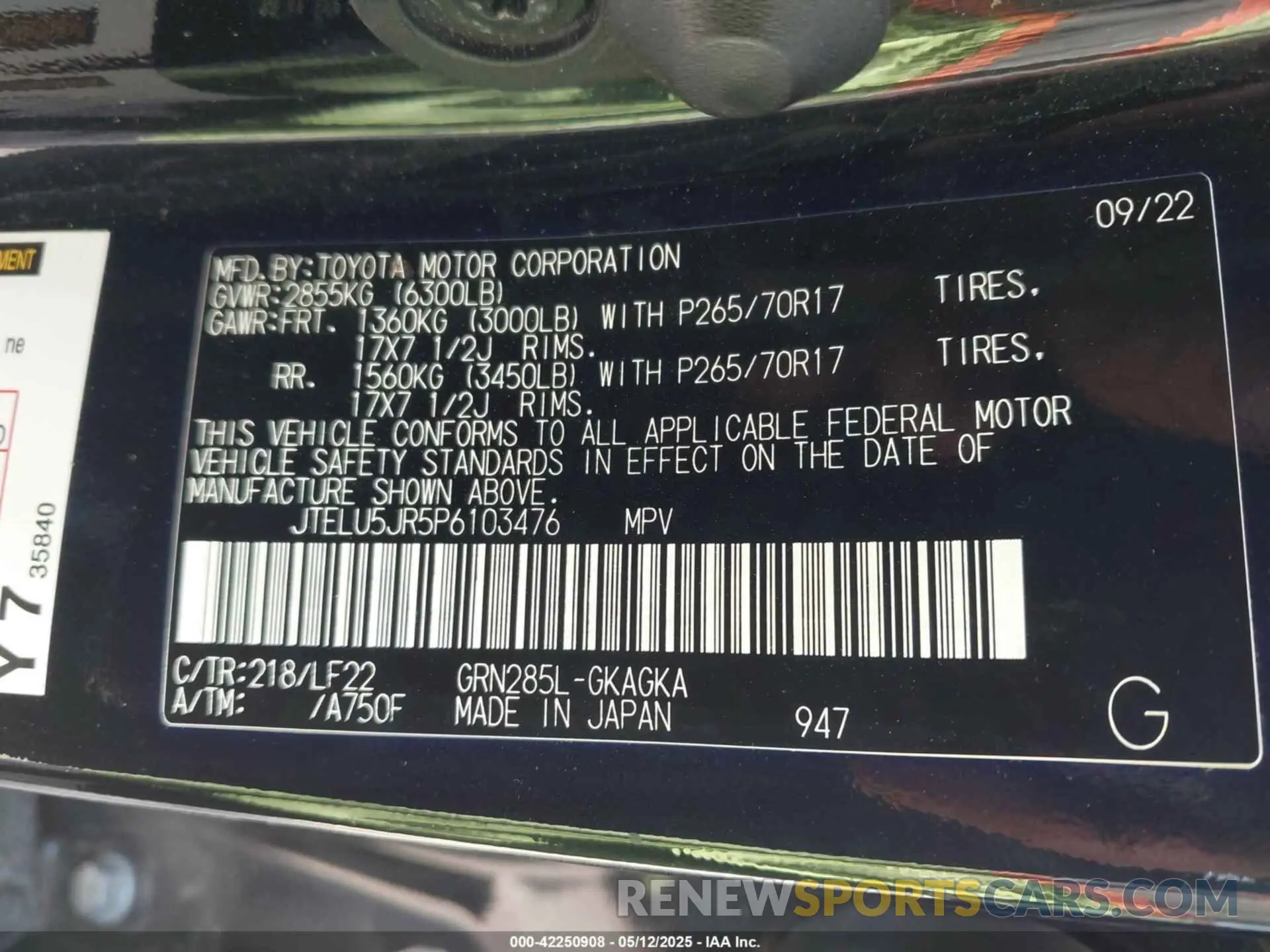 9 fotografías del automóvil dañado JTELU5JR5P6103476 TOYOTA 4RUNNER 2023