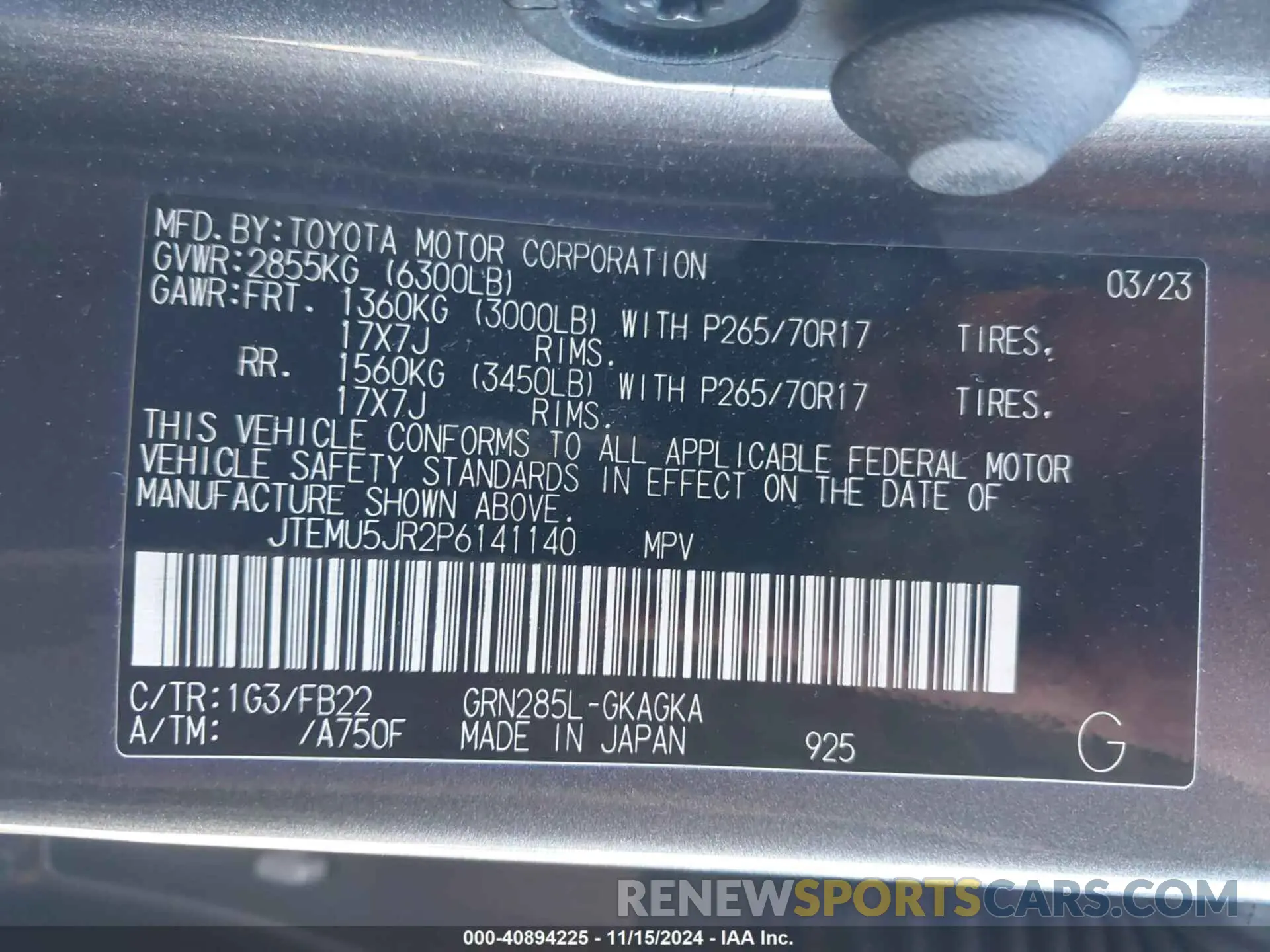 9 fotografías del automóvil dañado JTEMU5JR2P6141140 TOYOTA 4RUNNER 2023
