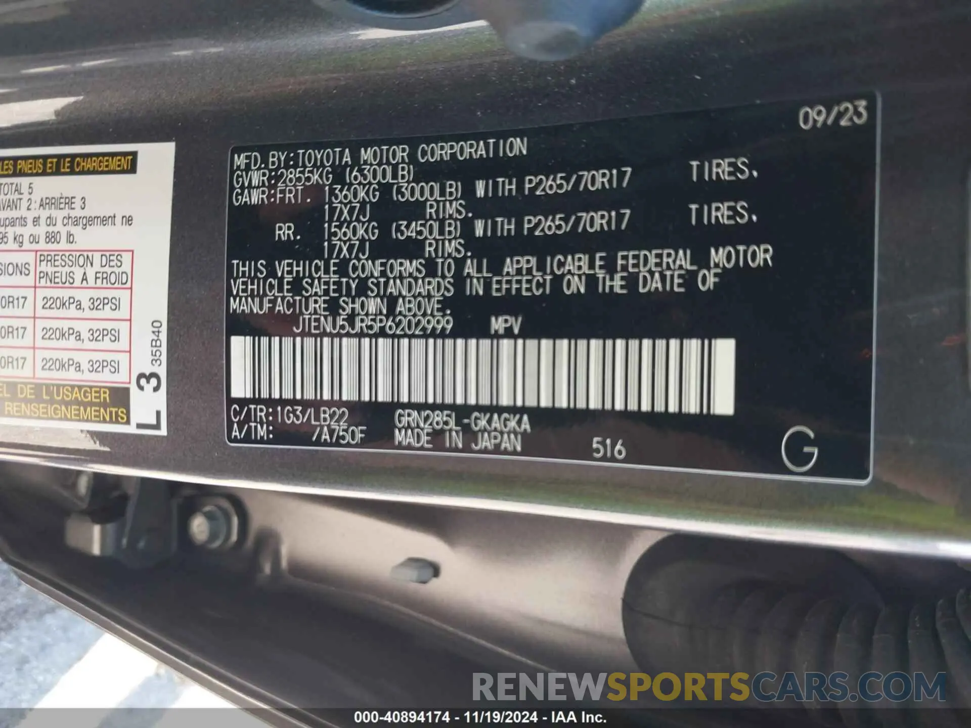 9 fotografías del automóvil dañado JTENU5JR5P6202999 TOYOTA 4RUNNER 2023