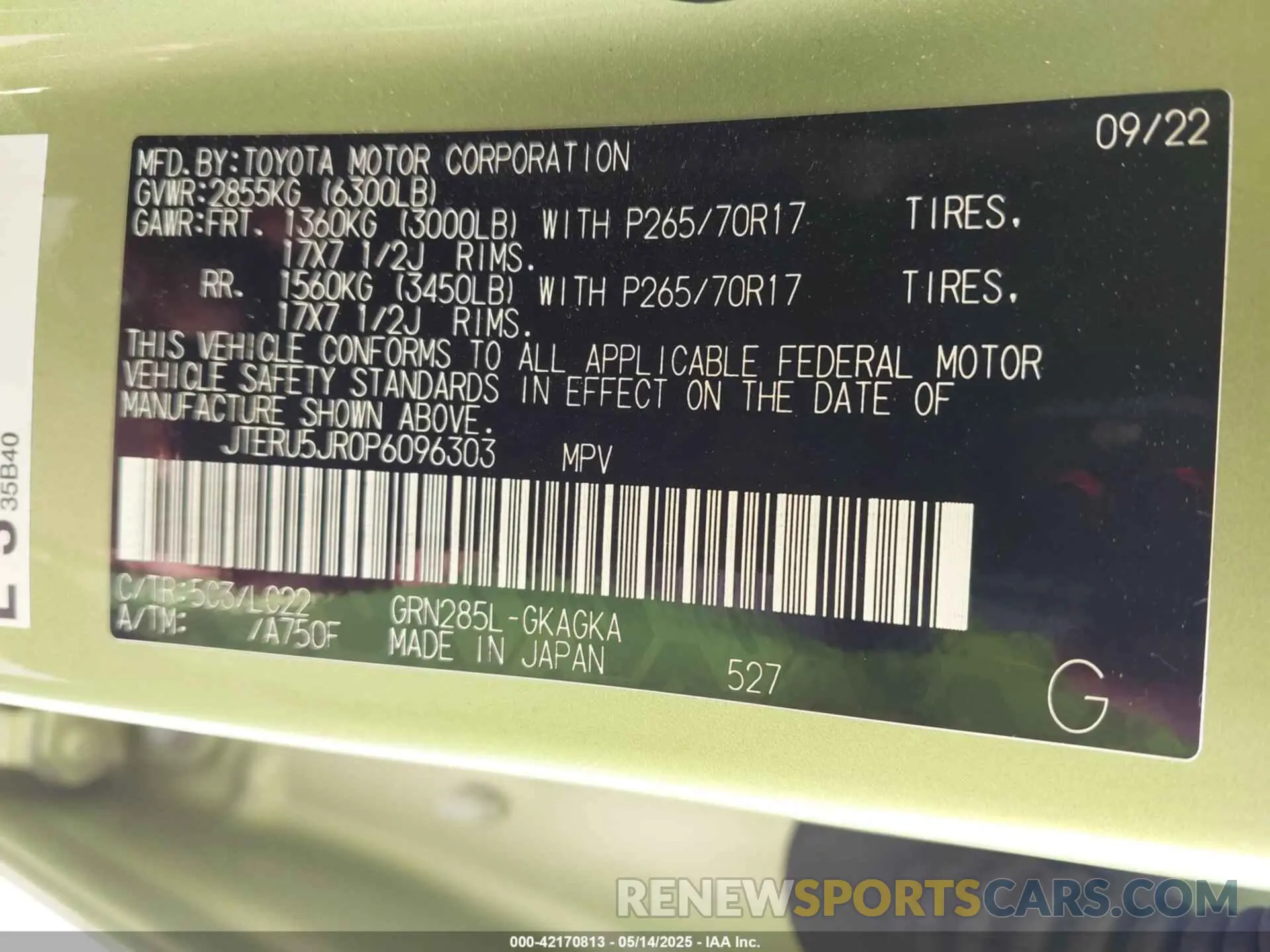 9 fotografías del automóvil dañado JTERU5JR0P6096303 TOYOTA 4RUNNER 2023
