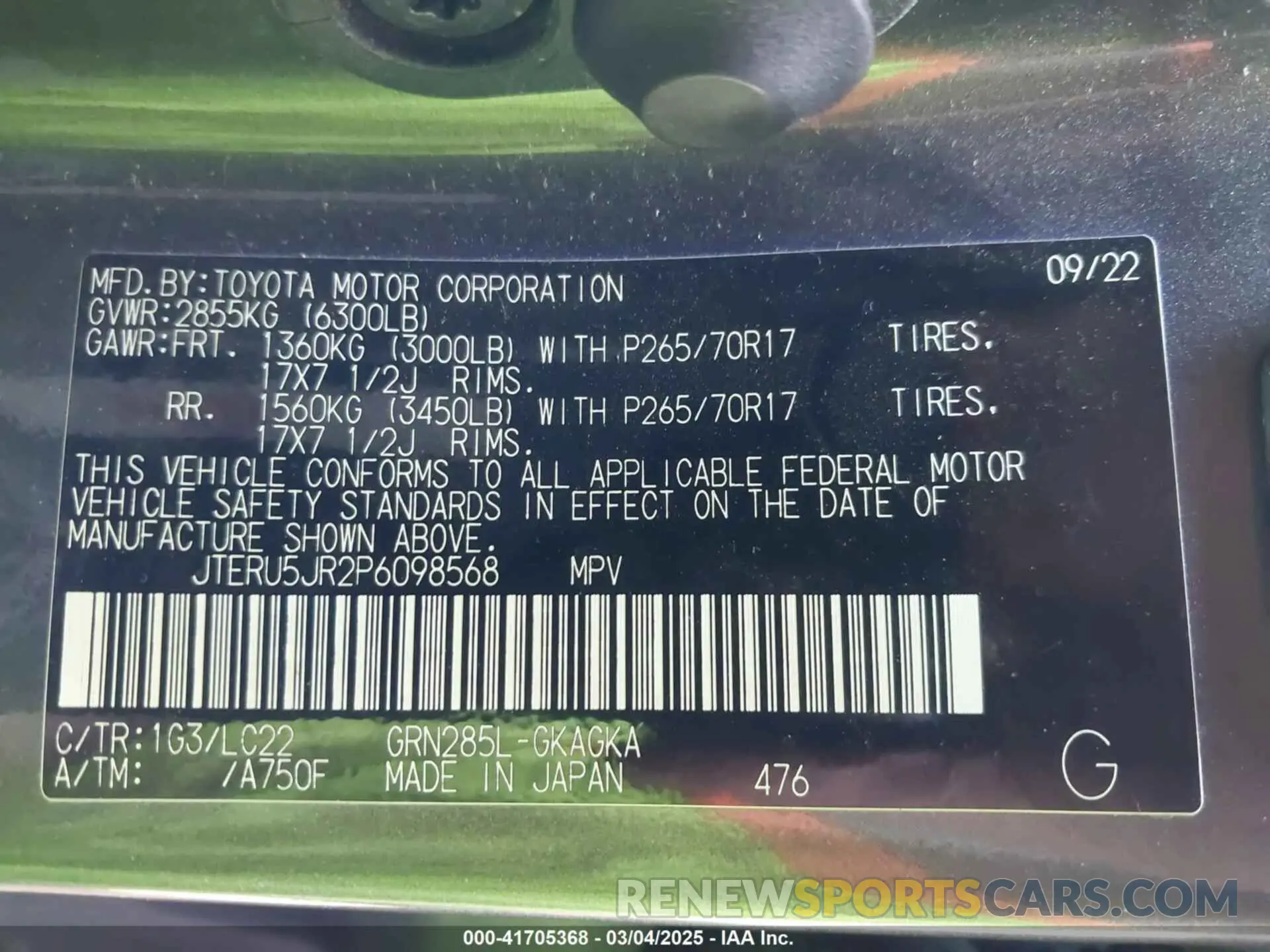 9 fotografías del automóvil dañado JTERU5JR2P6098568 TOYOTA 4RUNNER 2023