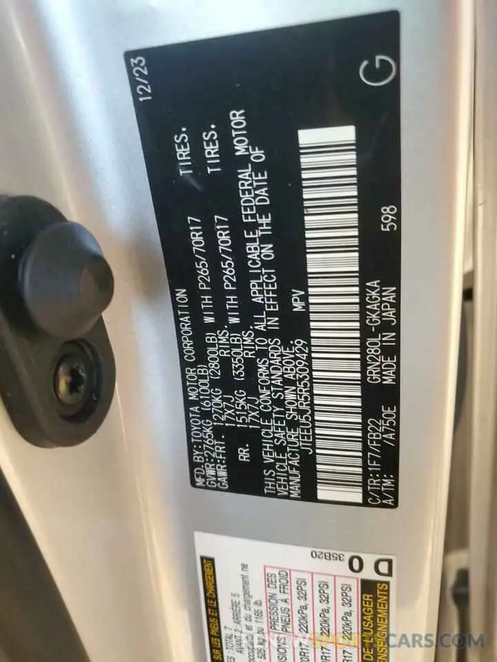 14 fotografías del automóvil dañado JTEEU5JR5R5309429 TOYOTA 4RUNNER 2024