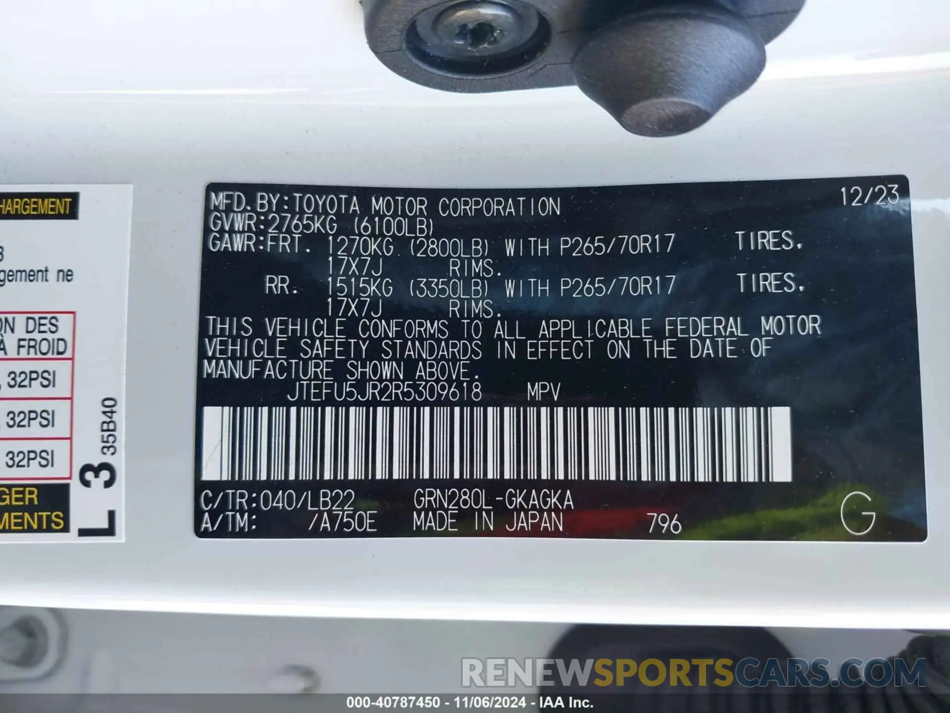 9 fotografías del automóvil dañado JTEFU5JR2R5309618 TOYOTA 4RUNNER 2024