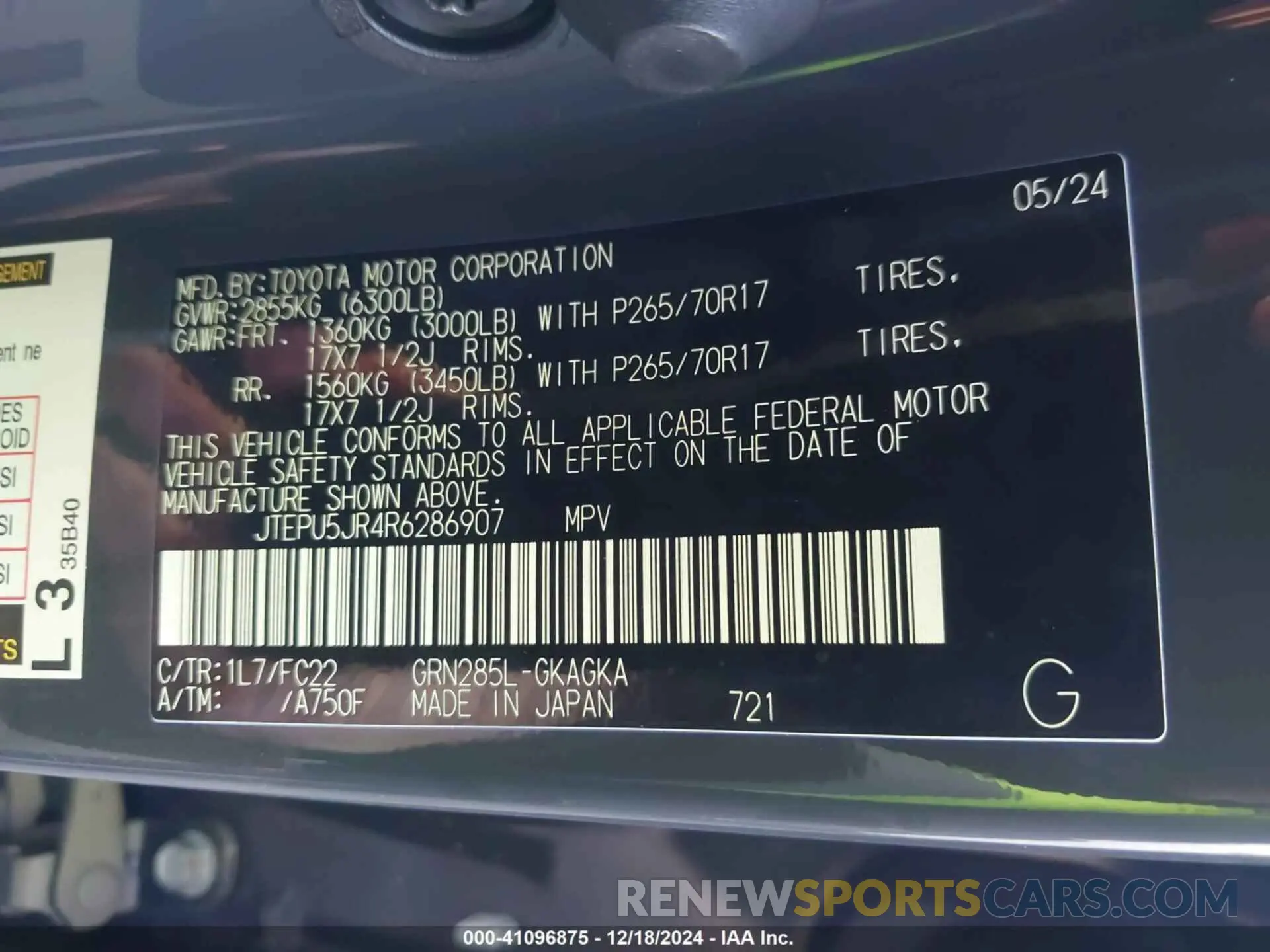 9 fotografías del automóvil dañado JTEPU5JR4R6286907 TOYOTA 4RUNNER 2024