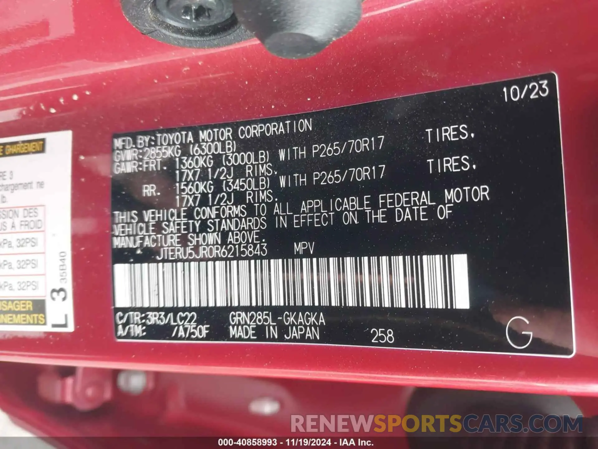 9 fotografías del automóvil dañado JTERU5JR0R6215843 TOYOTA 4RUNNER 2024