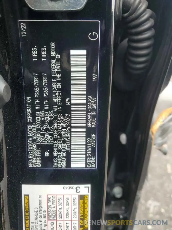 12 fotografías del automóvil dañado JTEUU5JR8P6120213 TOYOTA 4RUNNER 40 2023