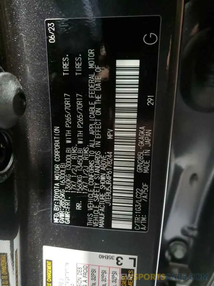 12 fotografías del automóvil dañado JTERU5JR4P6178244 TOYOTA 4RUNNER SE 2023