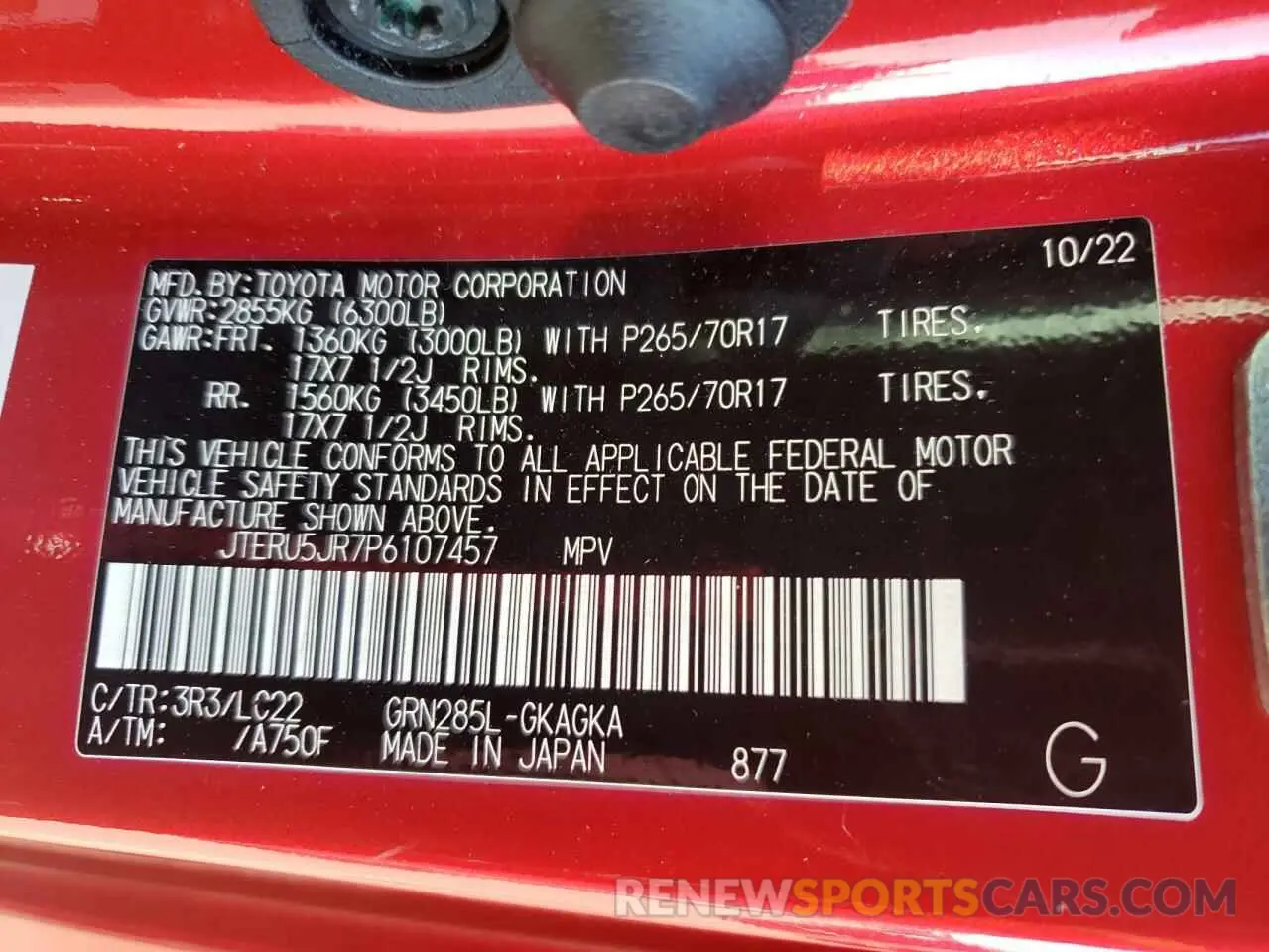 12 fotografías del automóvil dañado JTERU5JR7P6107457 TOYOTA 4RUNNER SE 2023