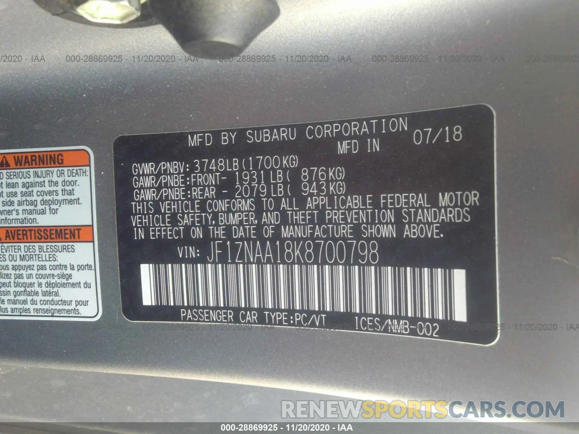 9 fotografías del automóvil dañado JF1ZNAA18K8700798 TOYOTA 86 2019